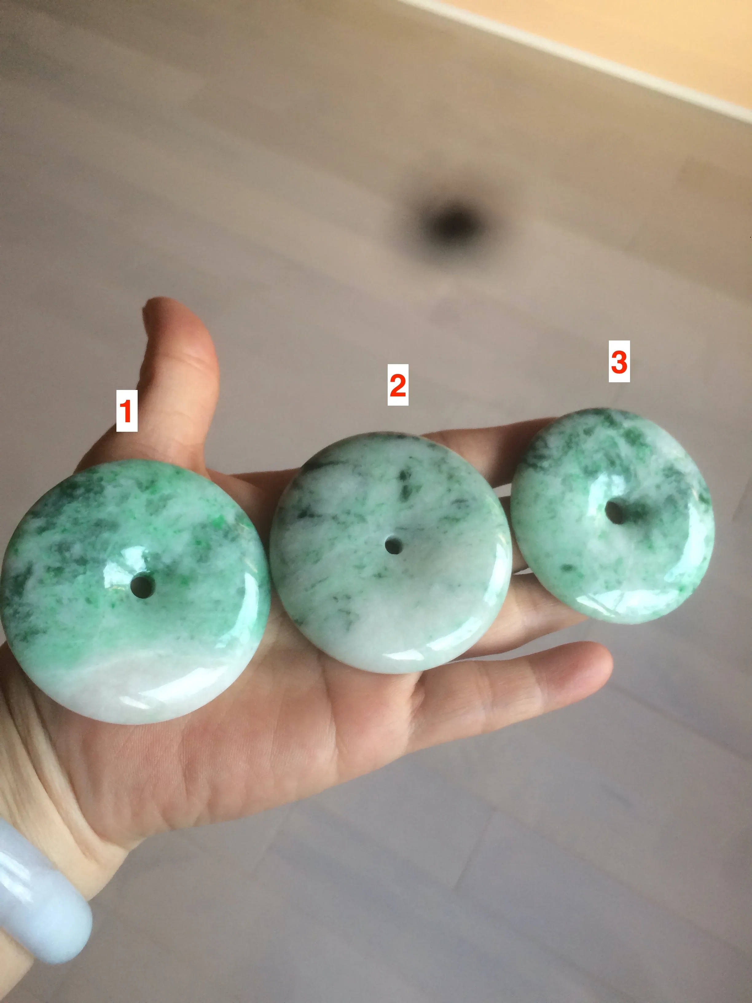 100% Natural sunny green/pink/purple tropical beach jadeite Jade Safety Guardian Button(donut) Pendant/worry stone X123