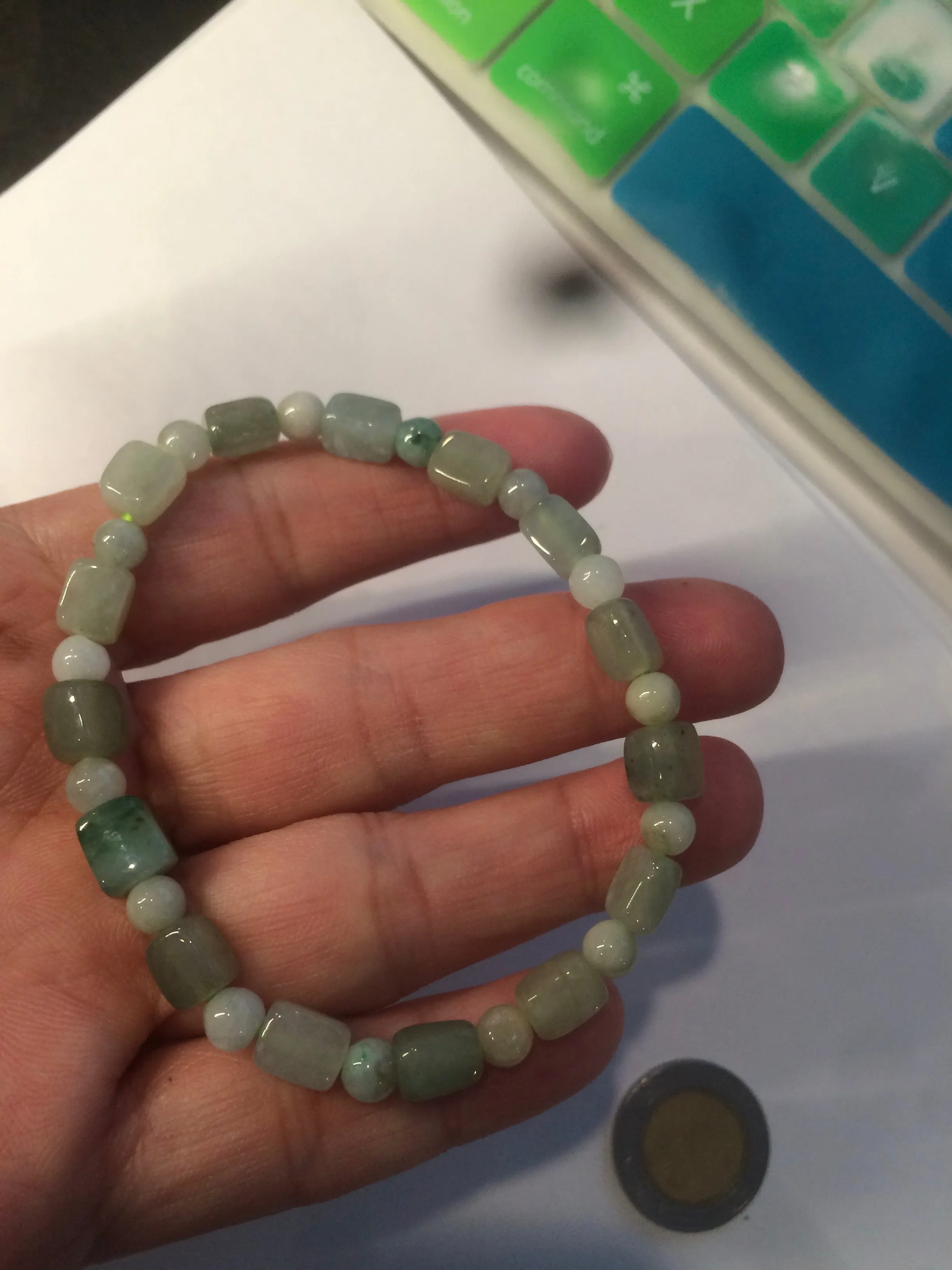 Optimized Title: Premium Grade A Natural Icy Watery Jadeite Jade Bracelet with Rectangle and Round Beads - Elegant and Authentic Design