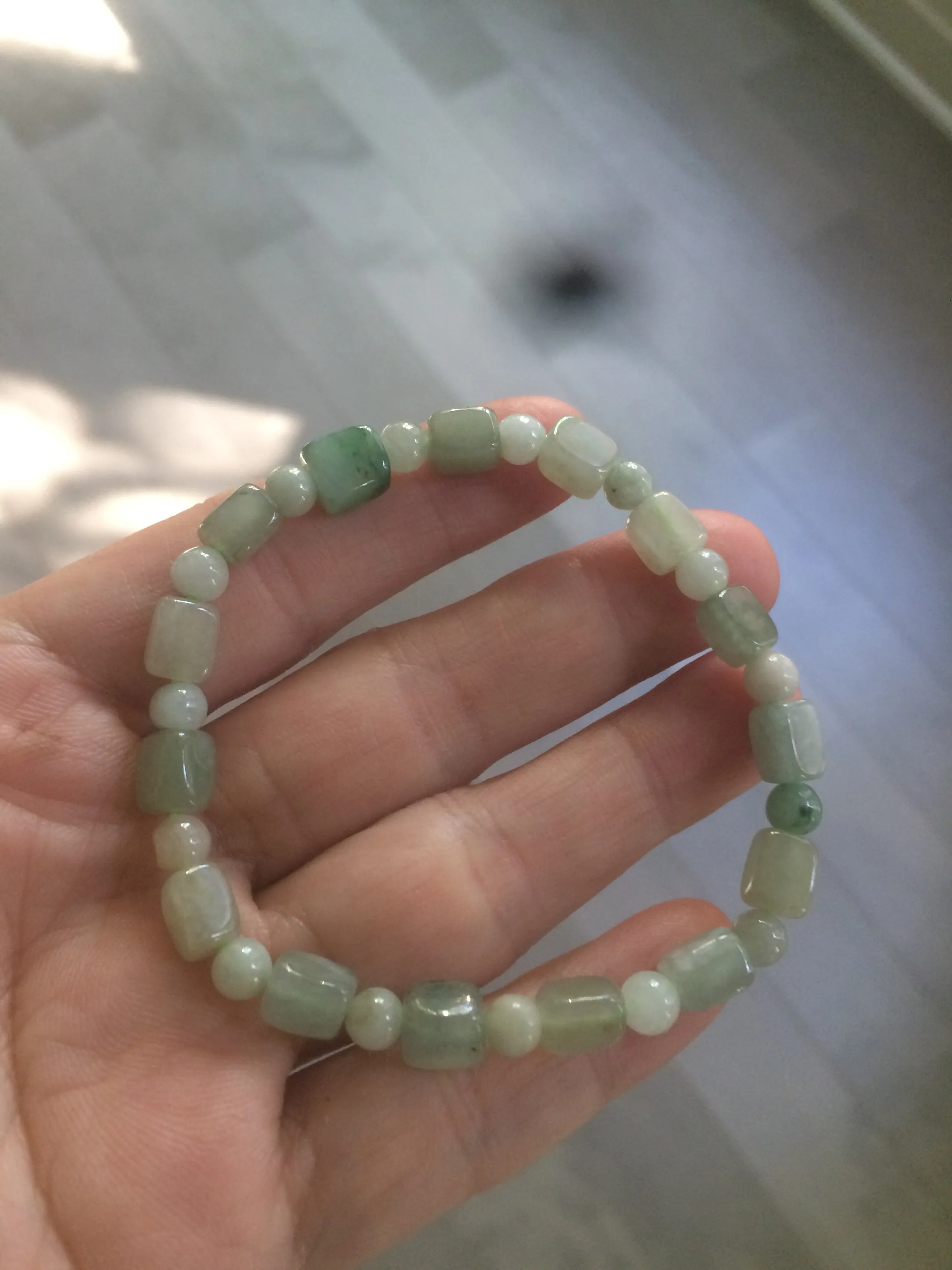 Optimized Title: Premium Grade A Natural Icy Watery Jadeite Jade Bracelet with Rectangle and Round Beads - Elegant and Authentic Design