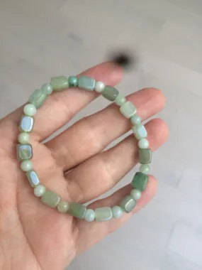 Optimized Title: Premium Grade A Natural Icy Watery Jadeite Jade Bracelet with Rectangle and Round Beads - Elegant and Authentic Design