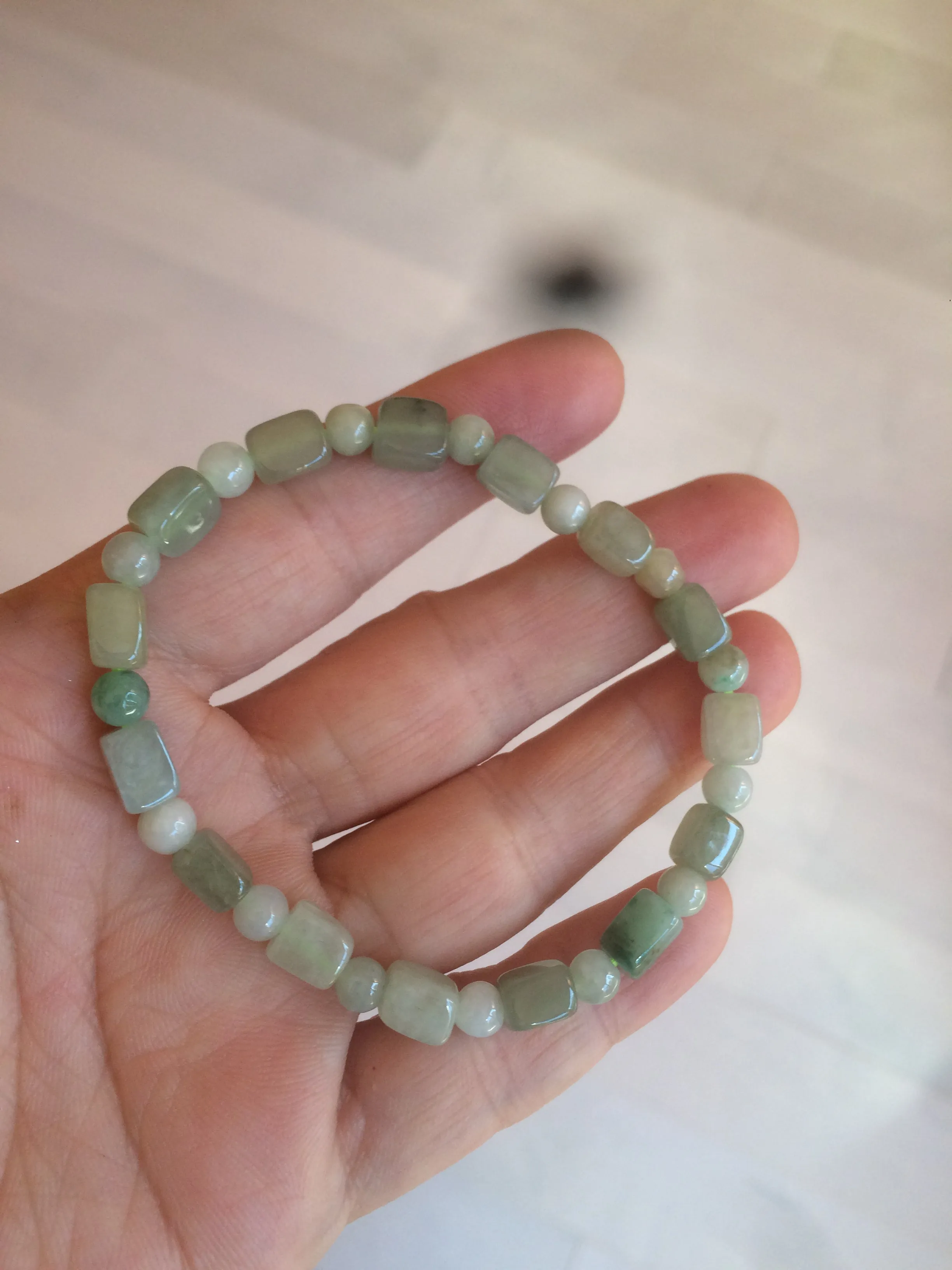 Optimized Title: Premium Grade A Natural Icy Watery Jadeite Jade Bracelet with Rectangle and Round Beads - Elegant and Authentic Design