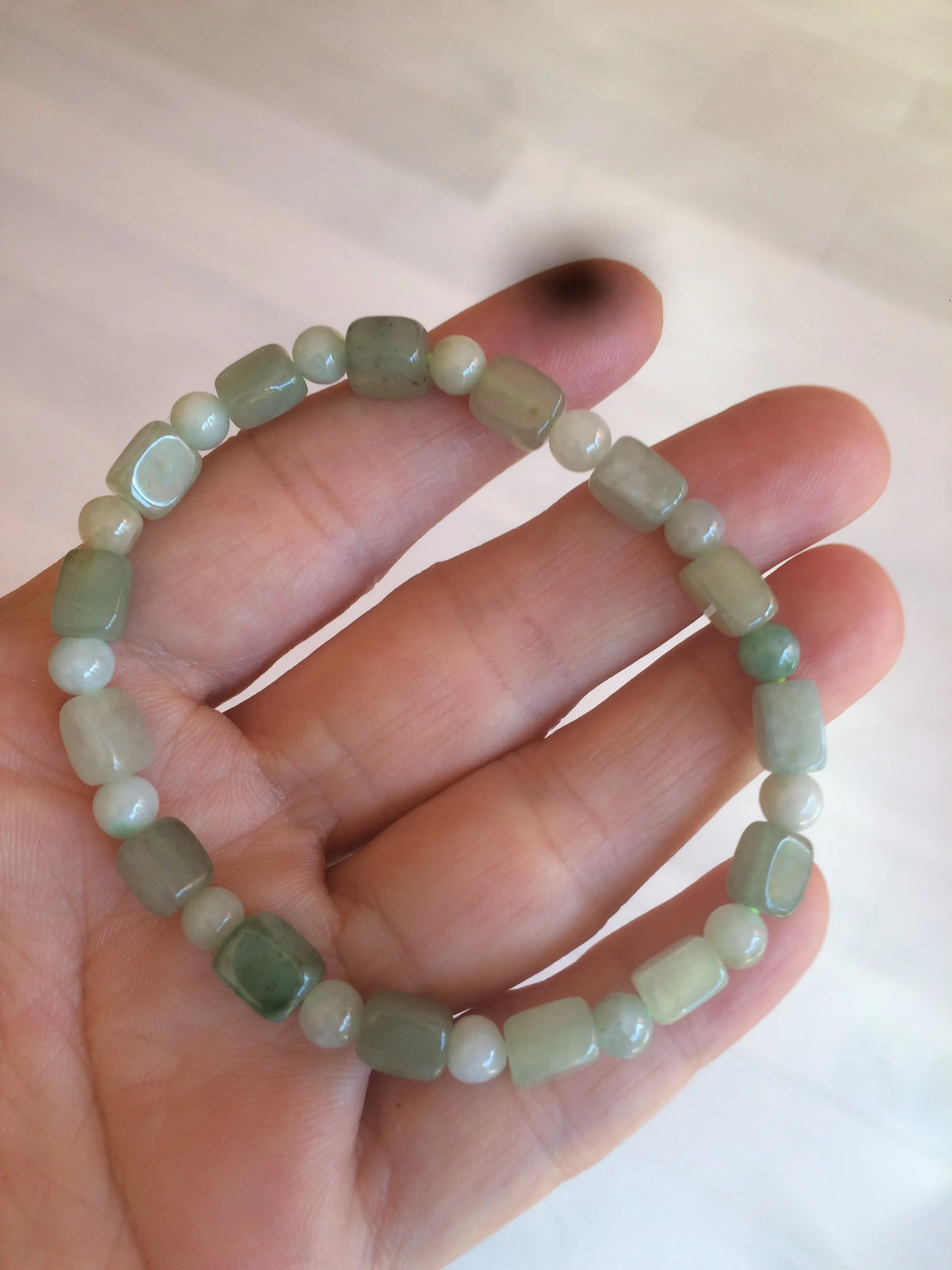 Optimized Title: Premium Grade A Natural Icy Watery Jadeite Jade Bracelet with Rectangle and Round Beads - Elegant and Authentic Design