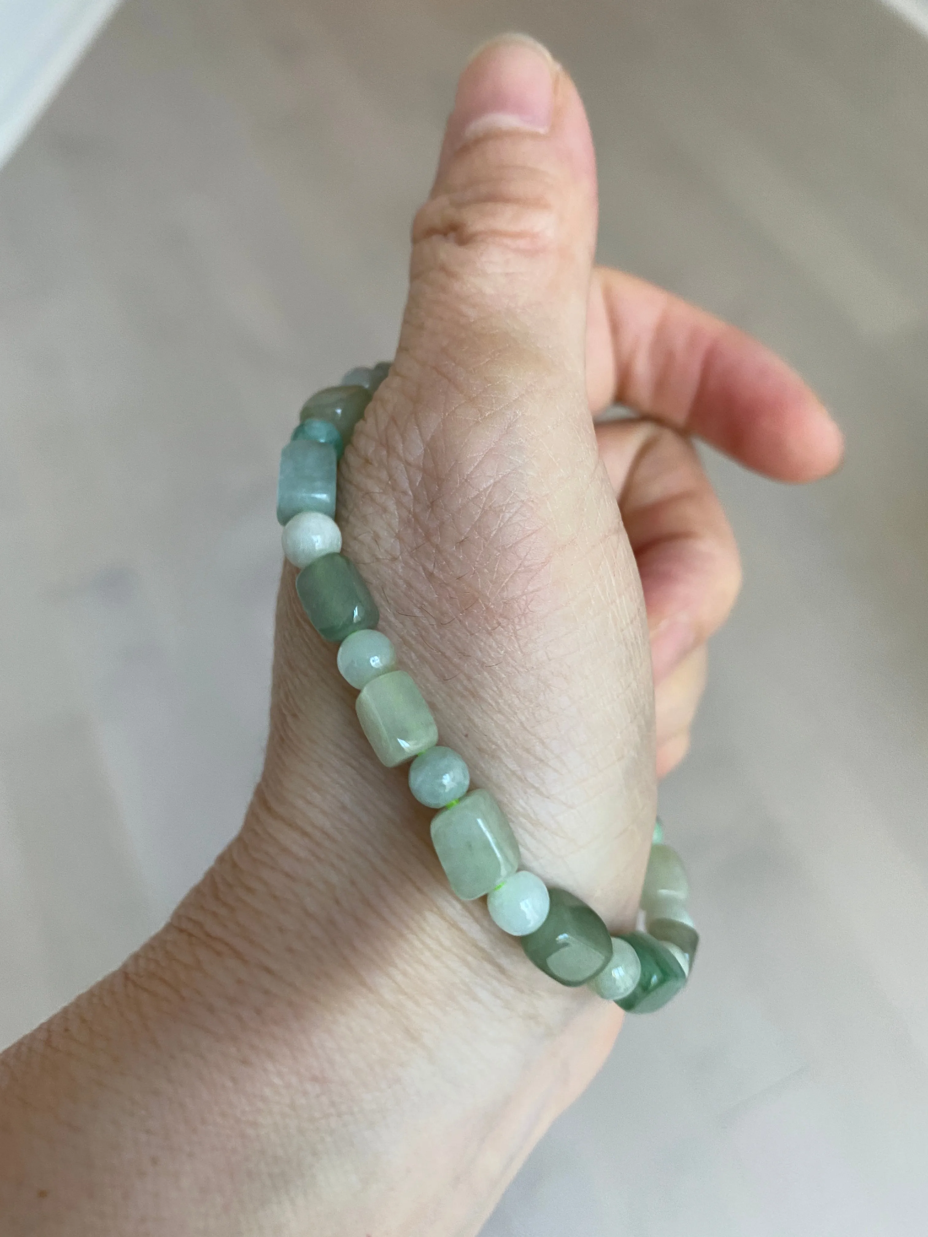 Optimized Title: Premium Grade A Natural Icy Watery Jadeite Jade Bracelet with Rectangle and Round Beads - Elegant and Authentic Design