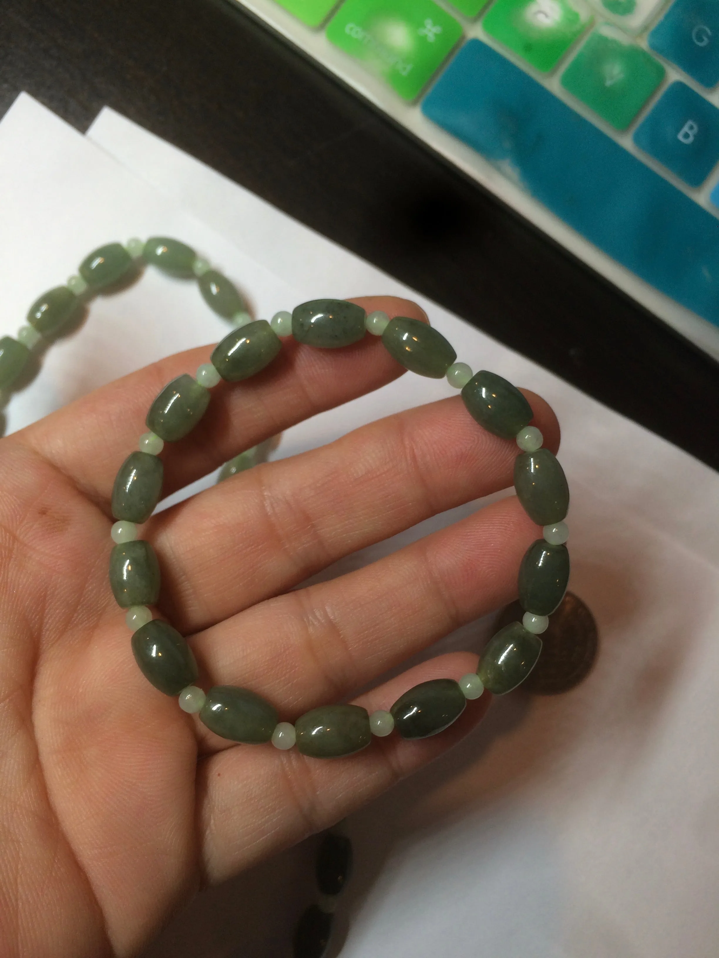 100% natural  type A oily dark green olive  round jadeite jade bead  bracelet AT91