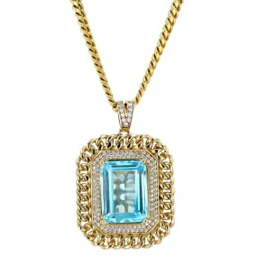 10K yellow gold solid miami Cuban link chain blue topaz pendant-223005