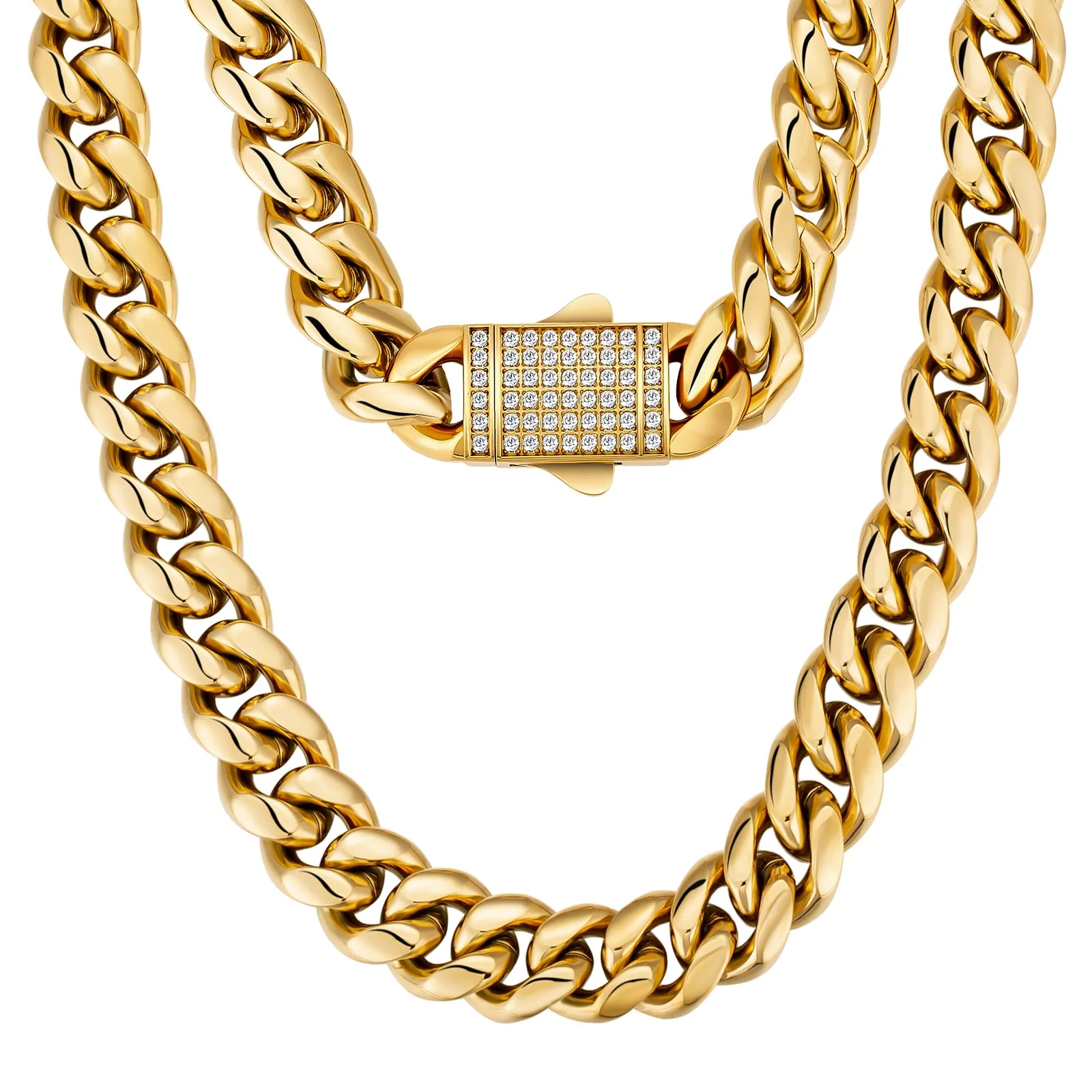 12mm Iced Out Clasp Cuban Link Chain and Bracelet Set in 18K Gold KRKC