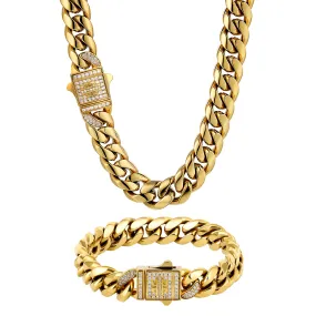 12mm Iced Out Clasp Cuban Link Chain and Bracelet Set in 18K Gold KRKC