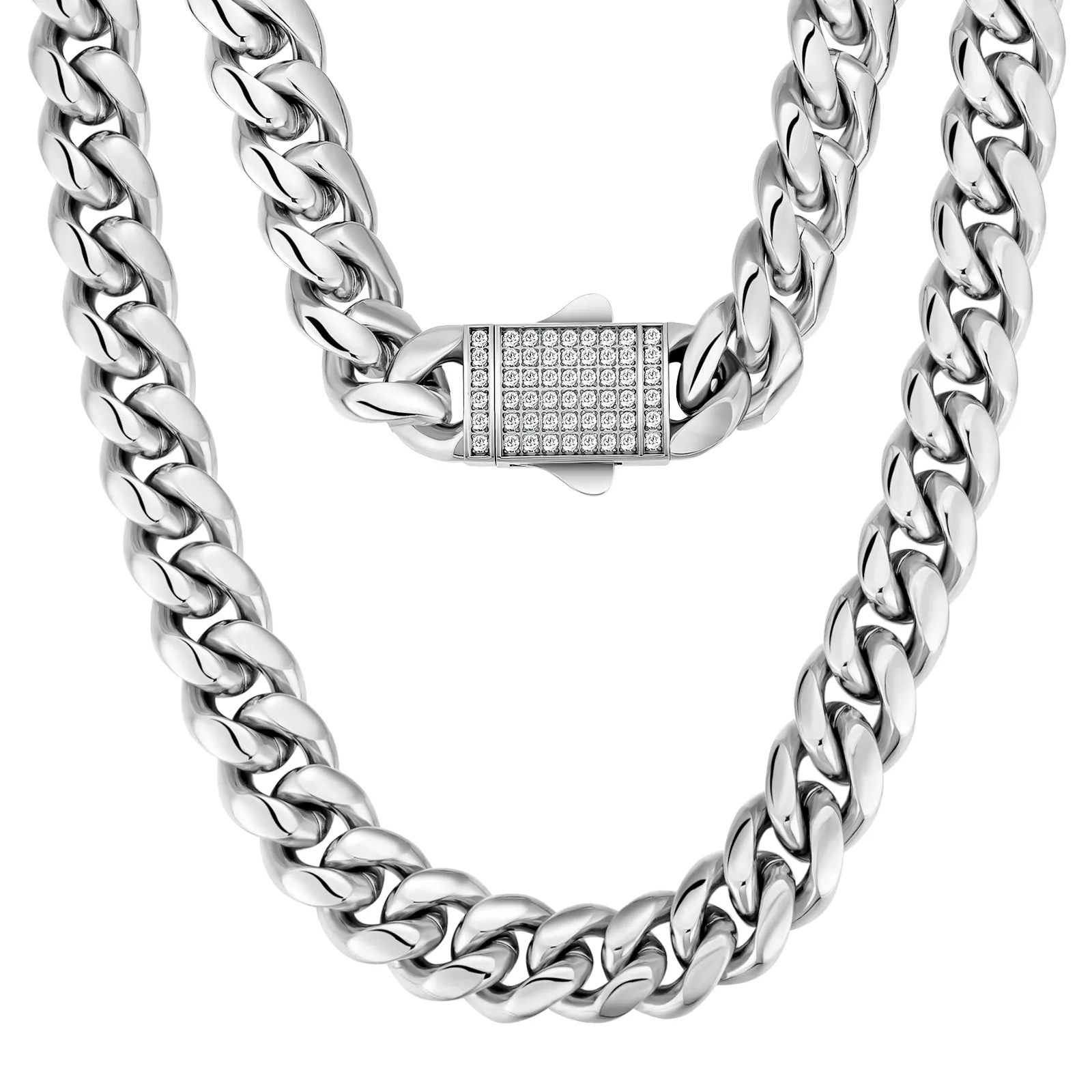 12mm Iced Out Clasp Cuban Link Chain and Bracelet Set in White Gold KRKC