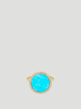 14k Yellow Gold with Turquoise Inlay & Diamond Perimeter Ring