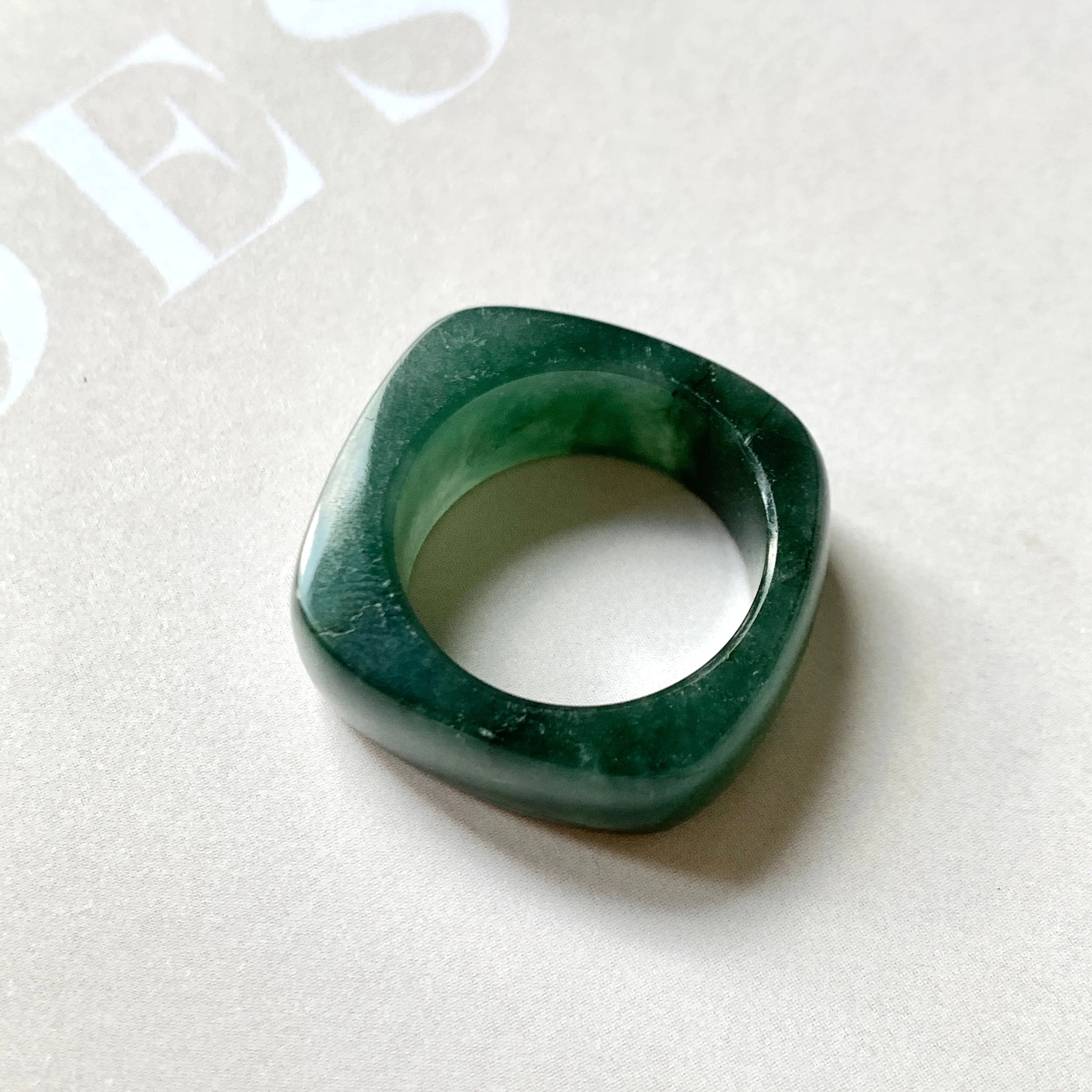 16.3mm A-Grade Natural Dark Bluish Green Jadeite Square Abacus Ring Band No. 161996