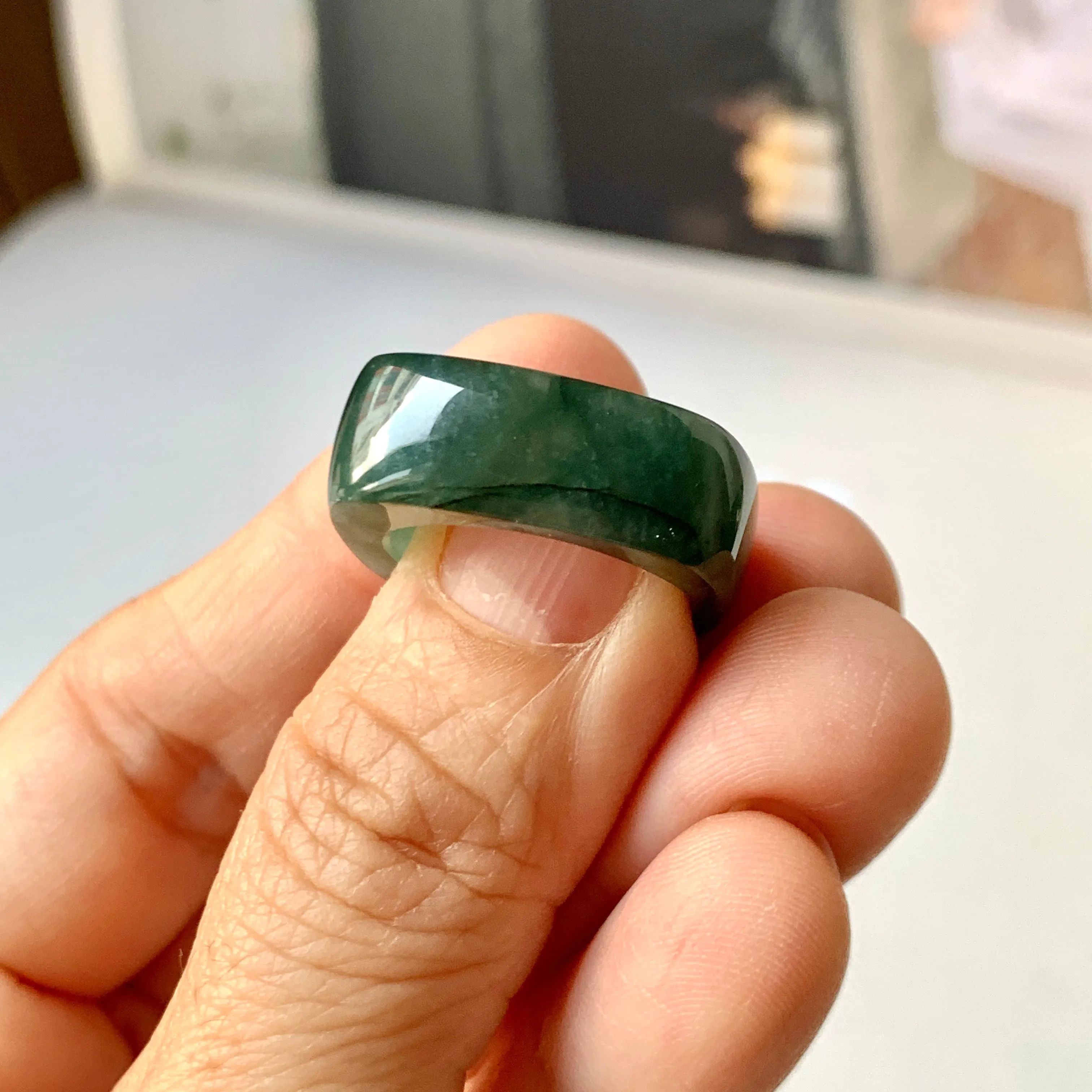 16.3mm A-Grade Natural Dark Bluish Green Jadeite Square Abacus Ring Band No. 161996