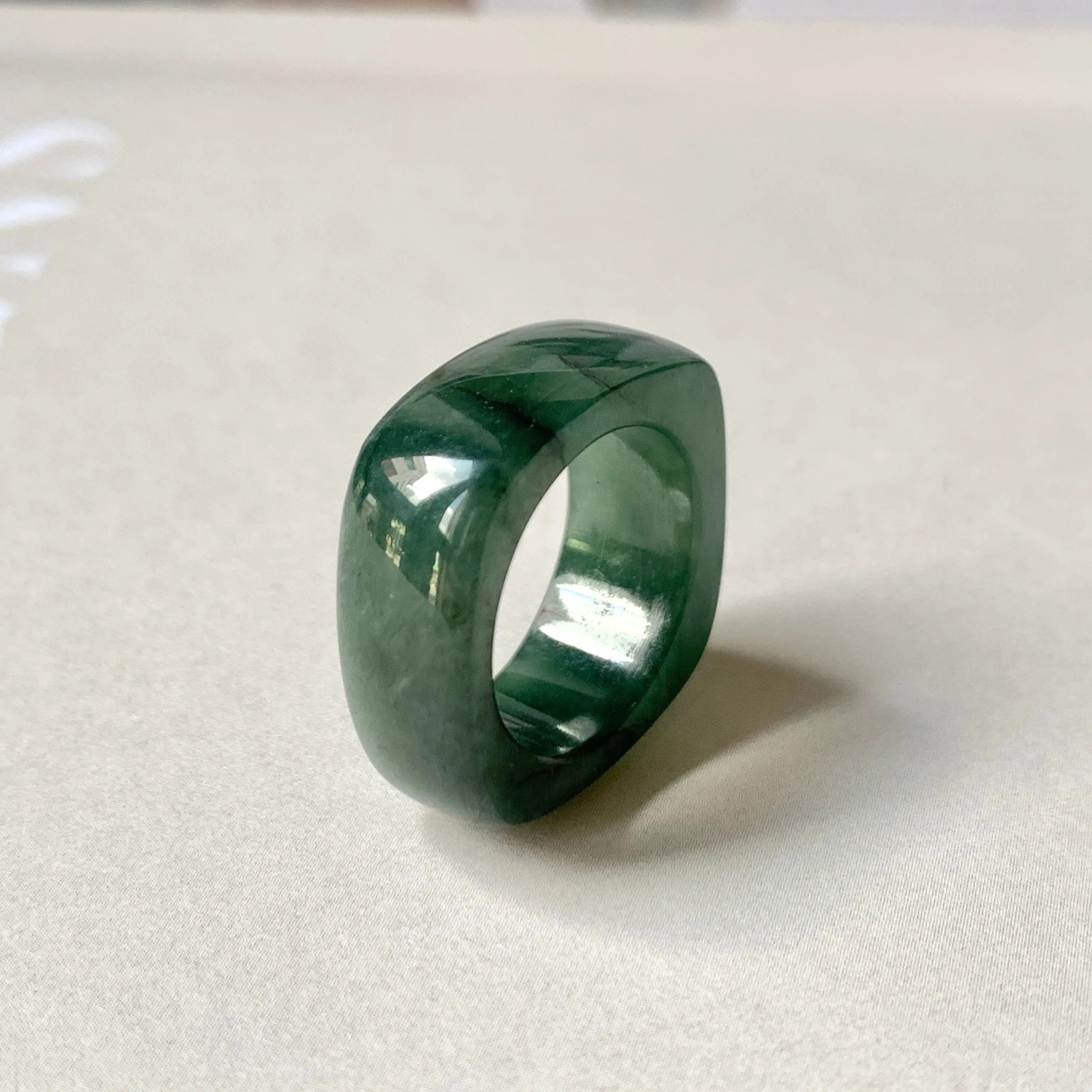 16.3mm A-Grade Natural Dark Bluish Green Jadeite Square Abacus Ring Band No. 161996