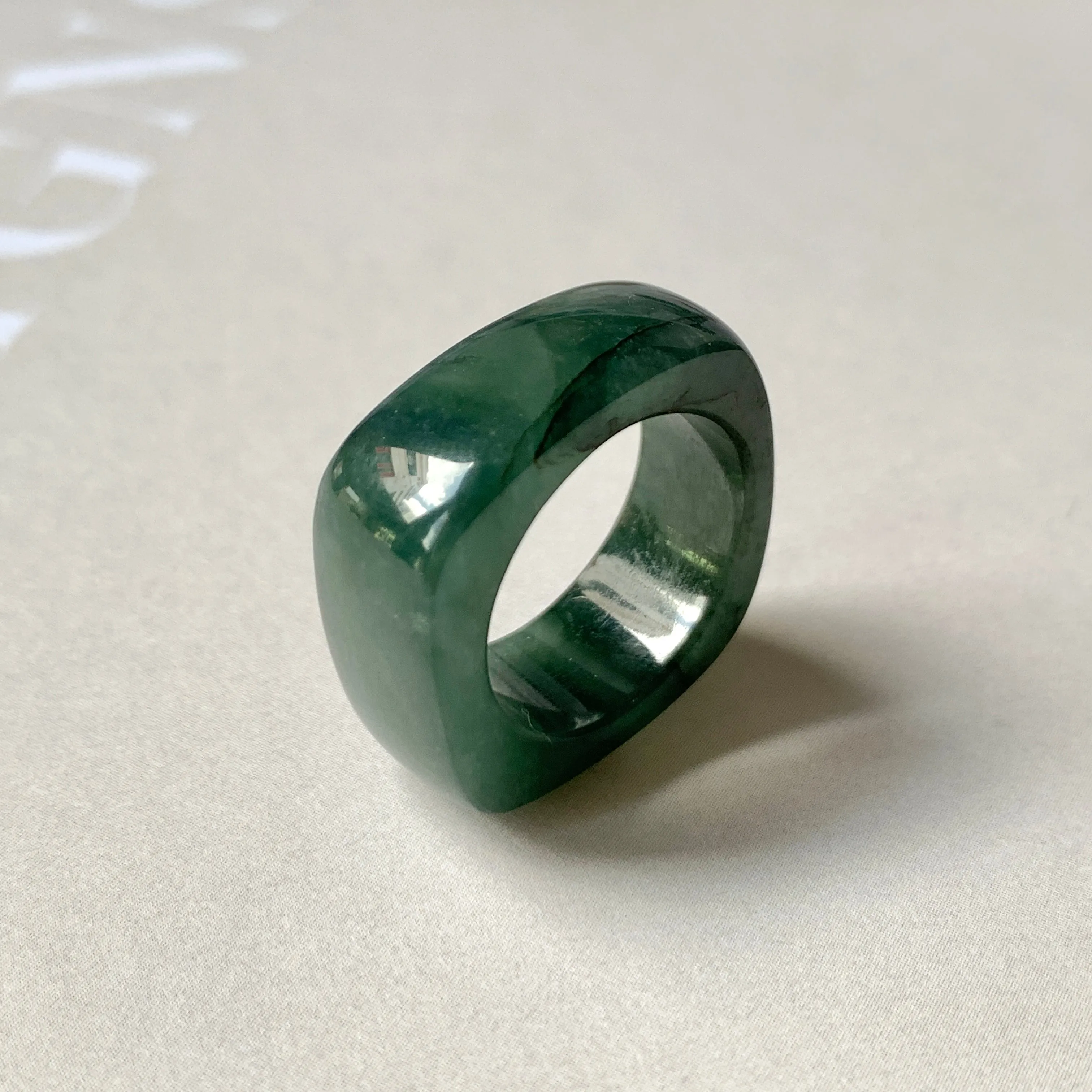 16.3mm A-Grade Natural Dark Bluish Green Jadeite Square Abacus Ring Band No. 161996