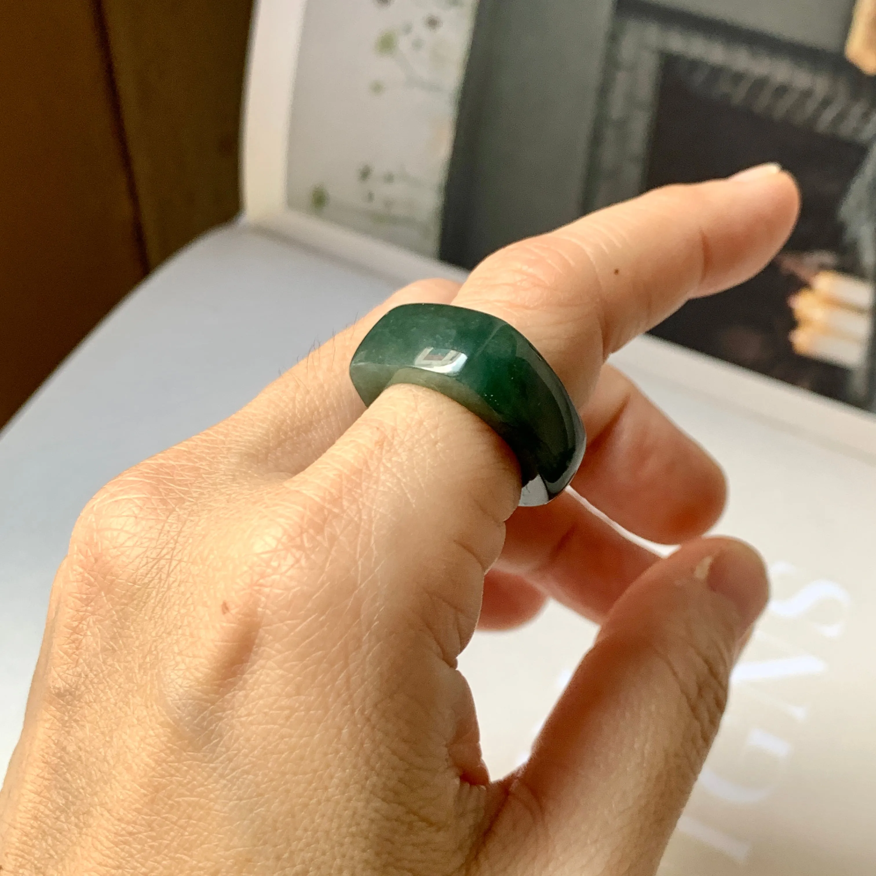 16.3mm A-Grade Natural Dark Bluish Green Jadeite Square Abacus Ring Band No. 161996