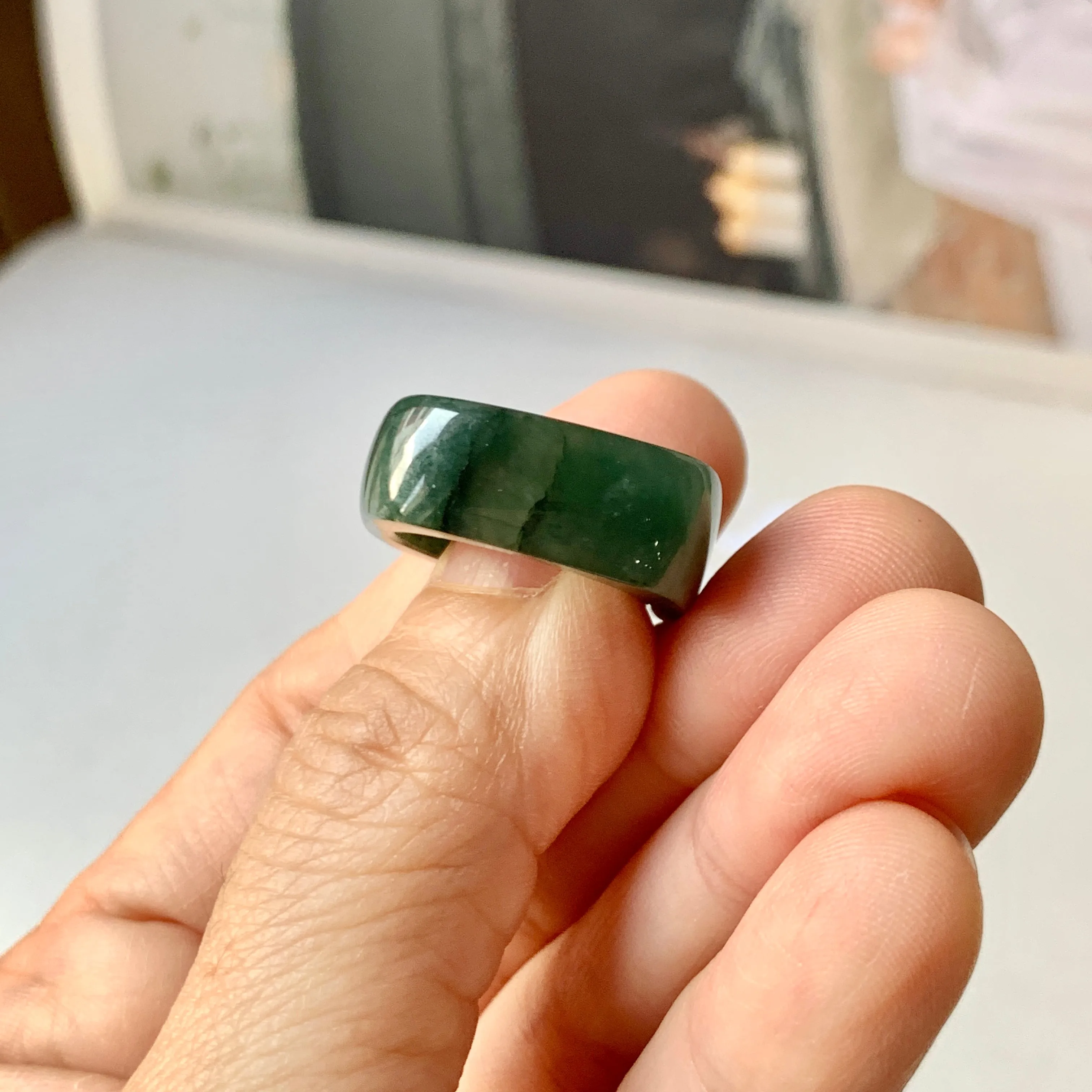 16.3mm A-Grade Natural Dark Bluish Green Jadeite Square Abacus Ring Band No. 161996