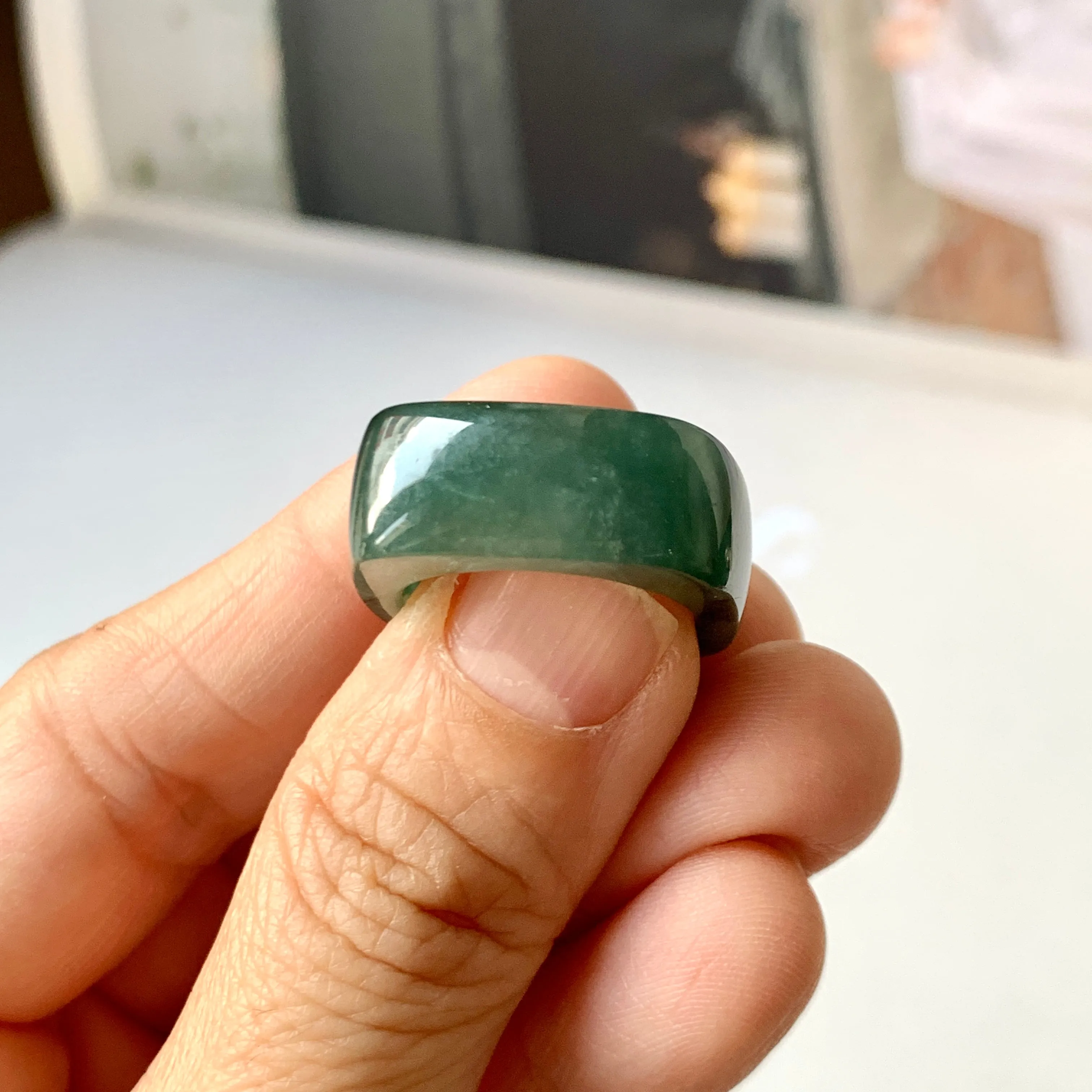 16.3mm A-Grade Natural Dark Bluish Green Jadeite Square Abacus Ring Band No. 161996