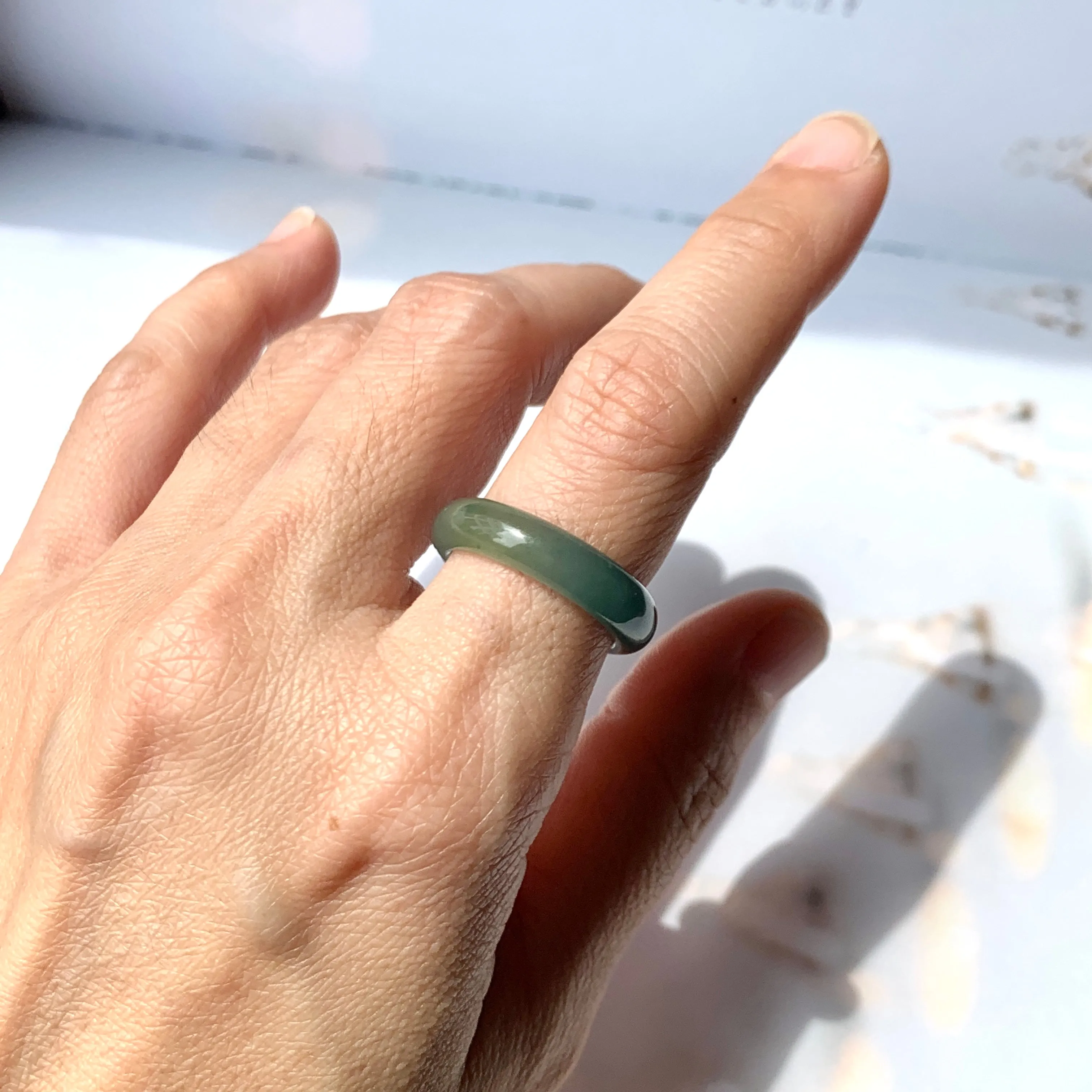 17mm A-Grade Natural Bluish Green Jadeite Abacus Ring Band No.161502