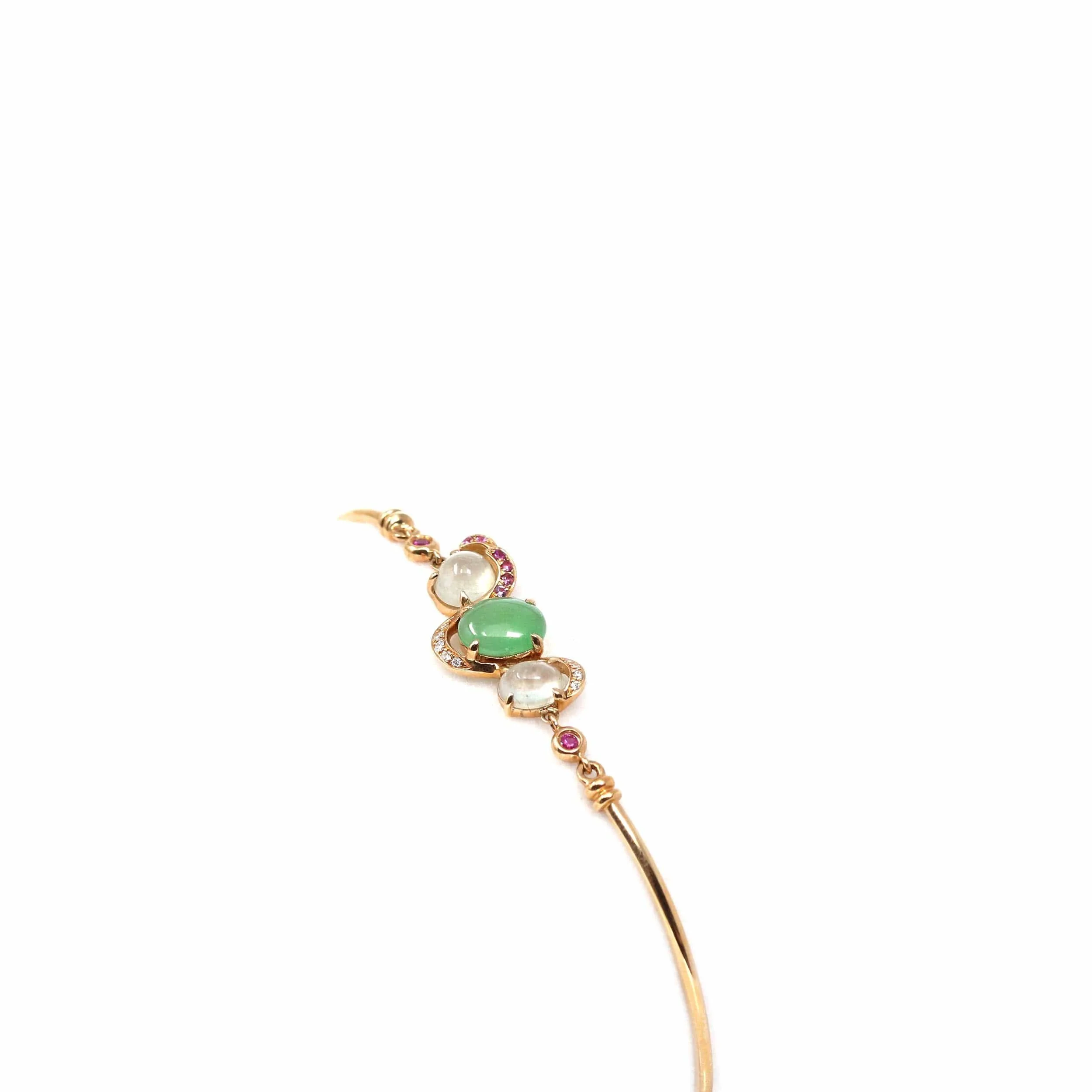 18k Rose Gold "Morning Glory" Half Bracelet Bangle with Green Imperial Jade & Diamonds