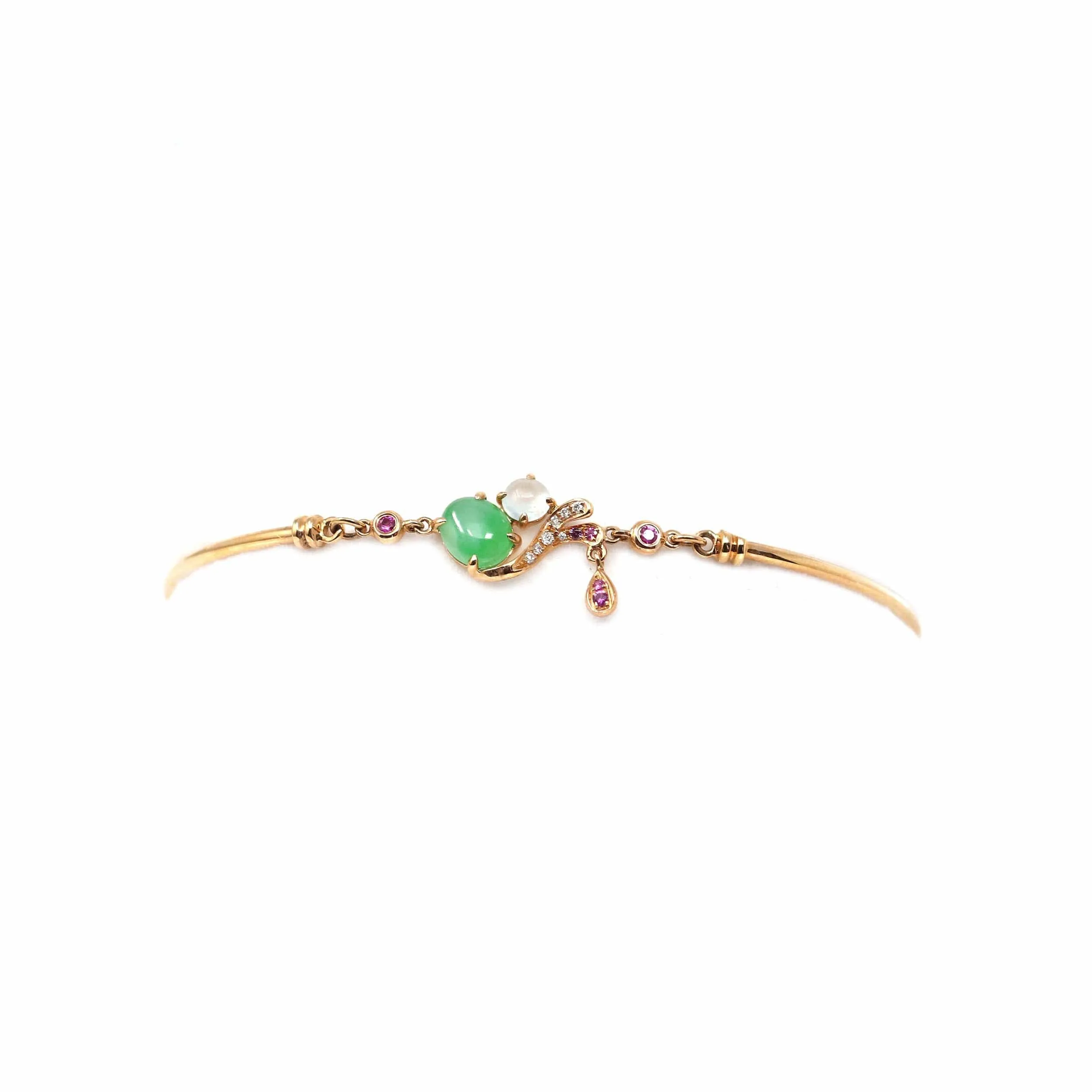 18k Rose Gold "Morning Glory" Half Bracelet Bangle with Green Imperial Jade & Diamonds