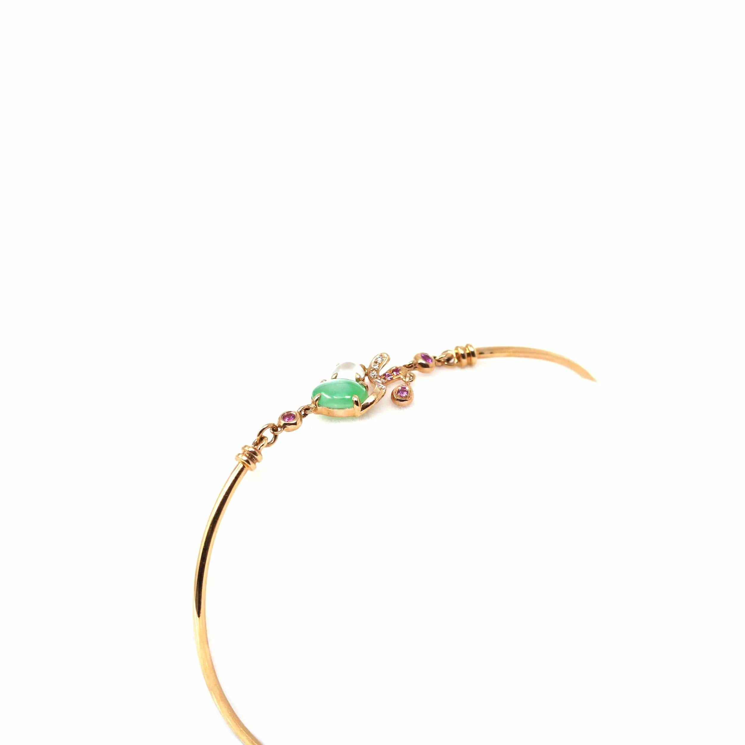 18k Rose Gold "Morning Glory" Half Bracelet Bangle with Green Imperial Jade & Diamonds