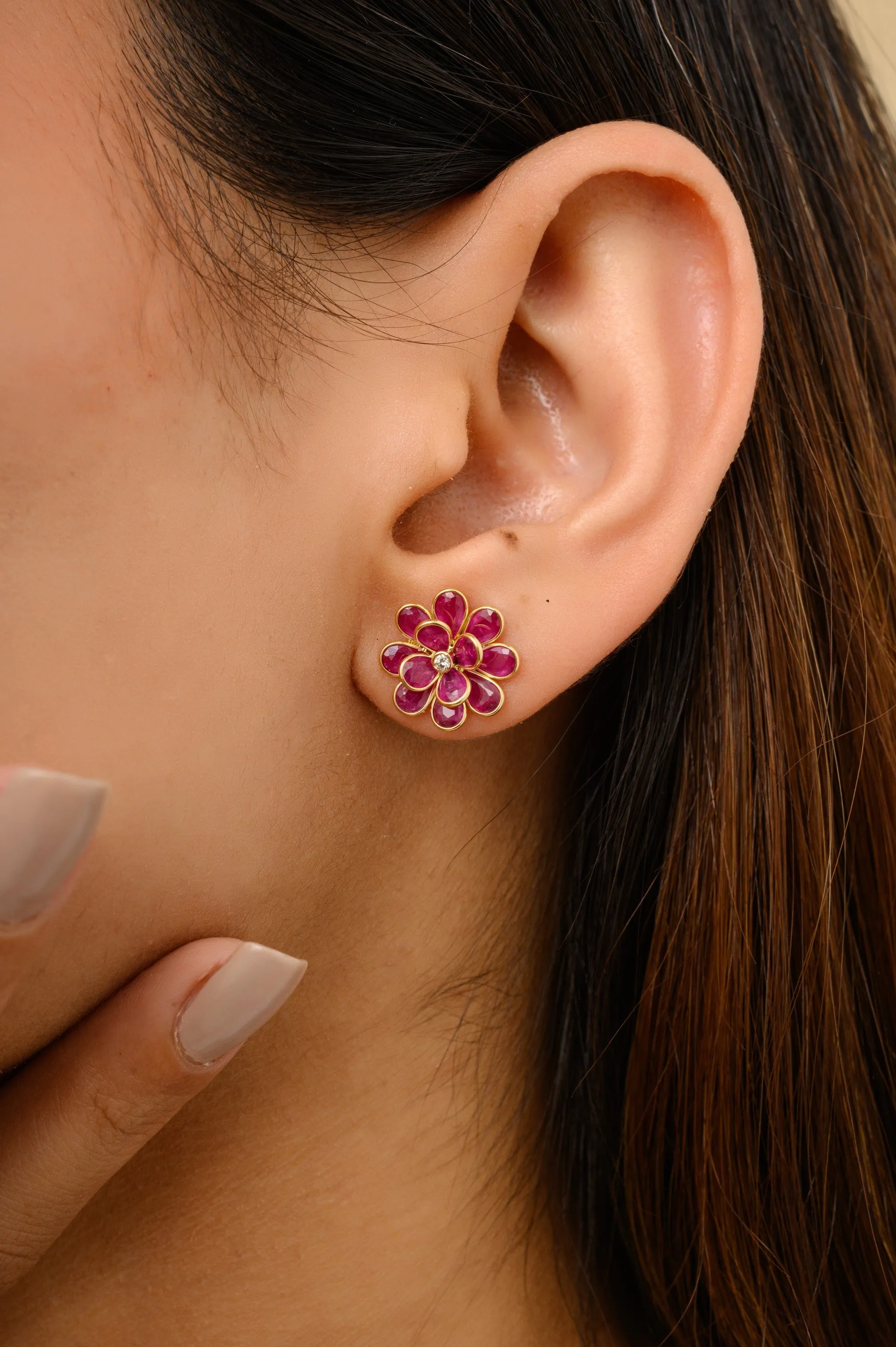 18K Solid Yellow Gold Ruby Floral Stud