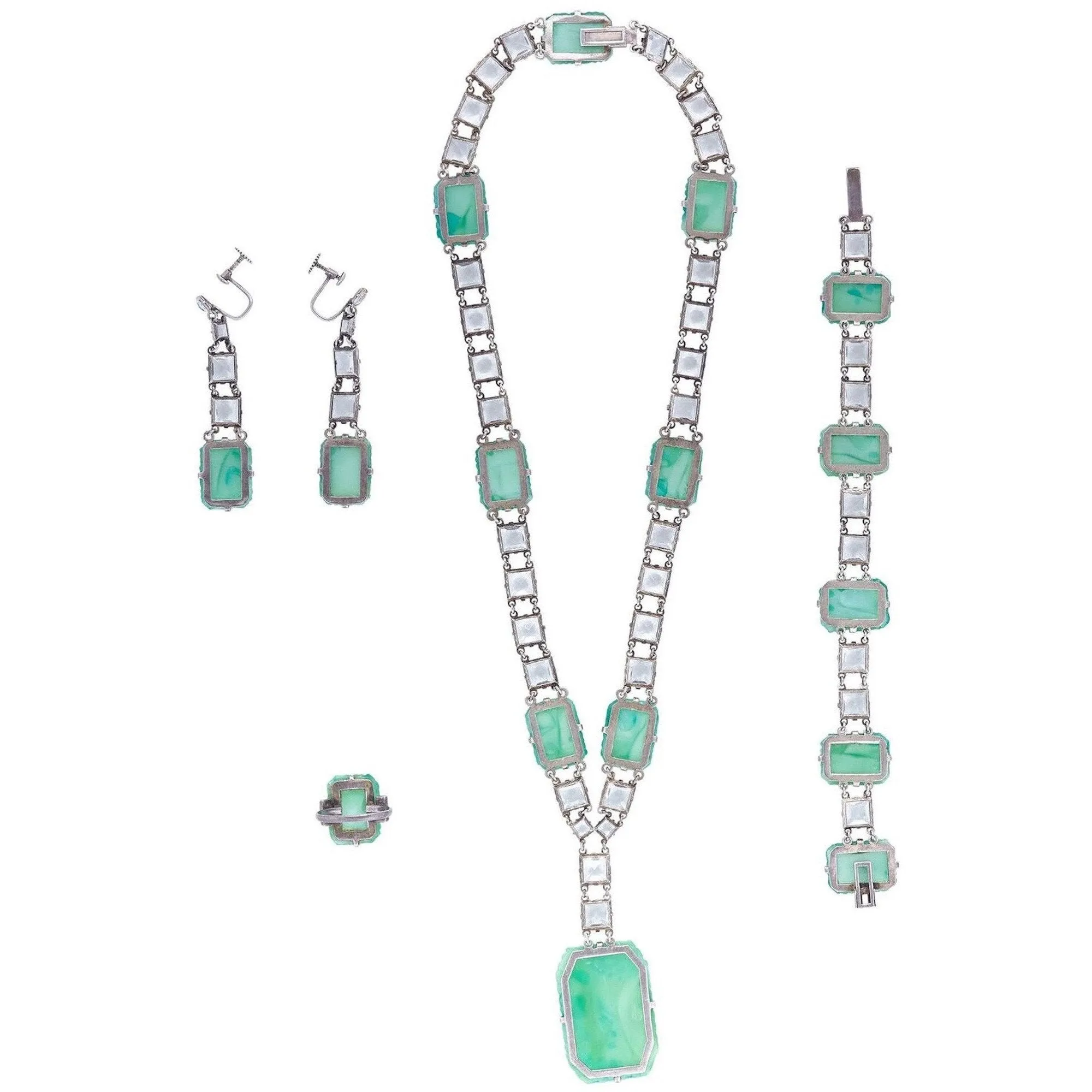 Vintage 1930s Art Deco 4-Piece Jewelry Set in Silver & Peking Glass with Rock Crystal Accents