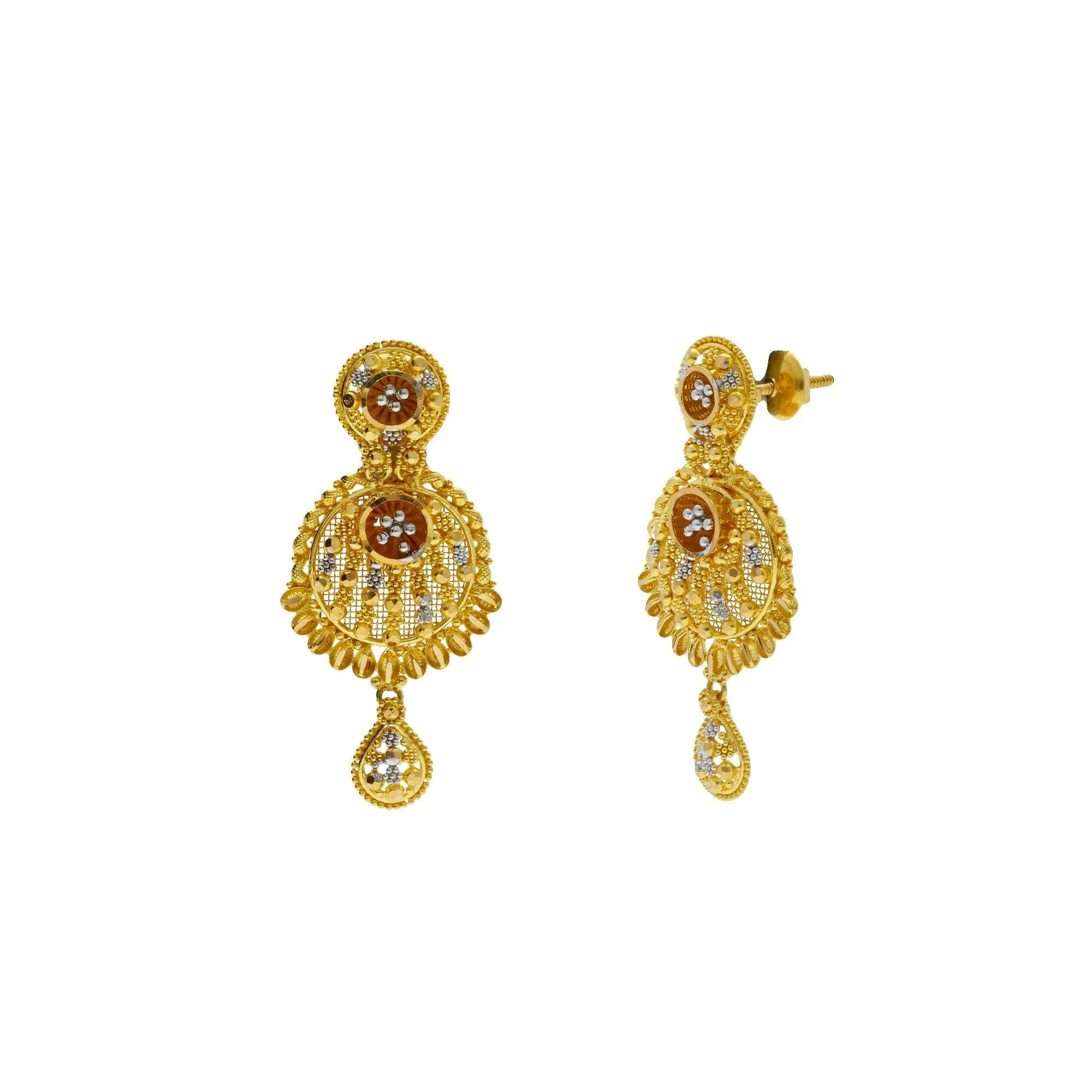 22K Gold Multi Tone Gold Meenakari Drop Earrings W/ Shield Design & Feather Accents