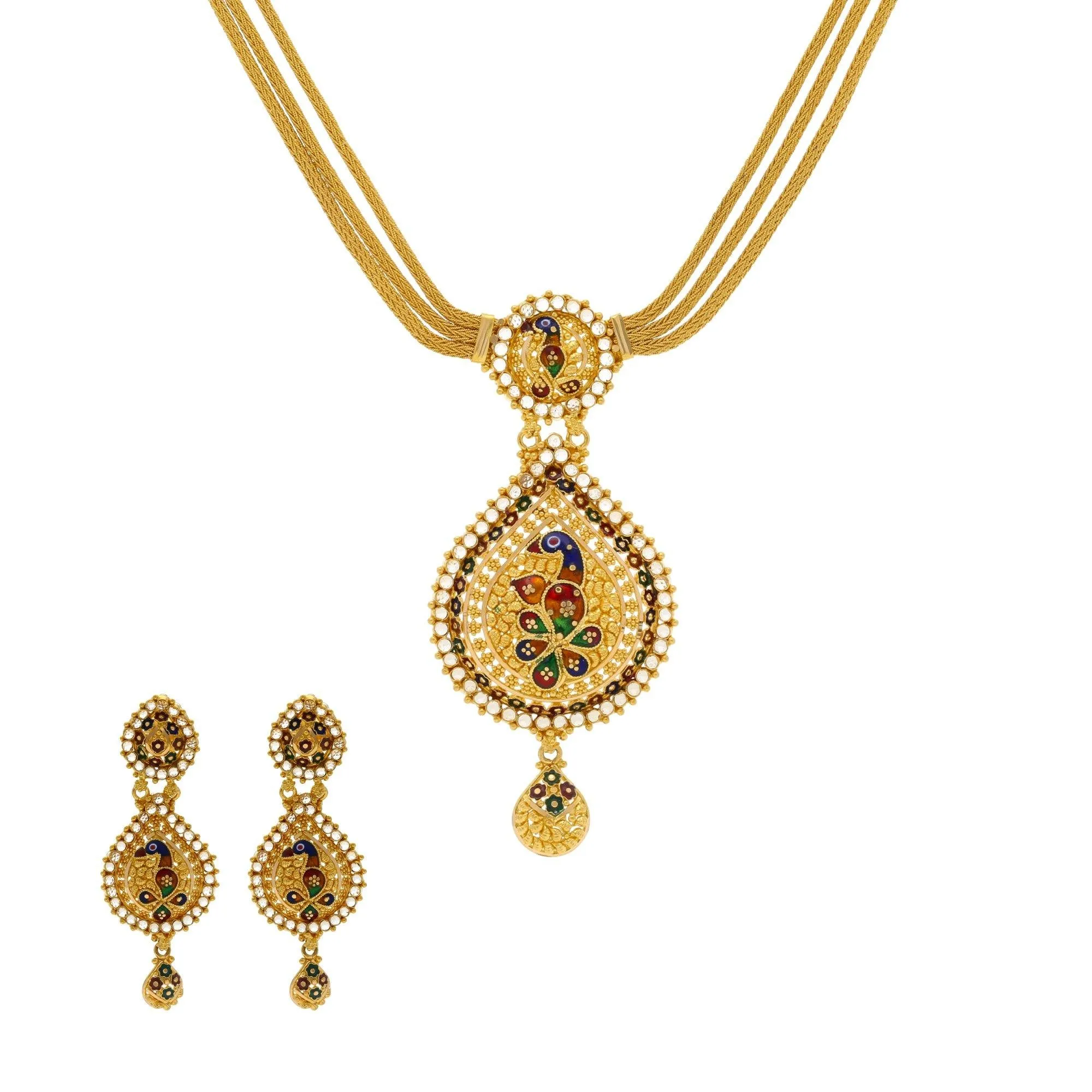 22K Patterned Yellow Gold CZ Necklace with Earrings Set