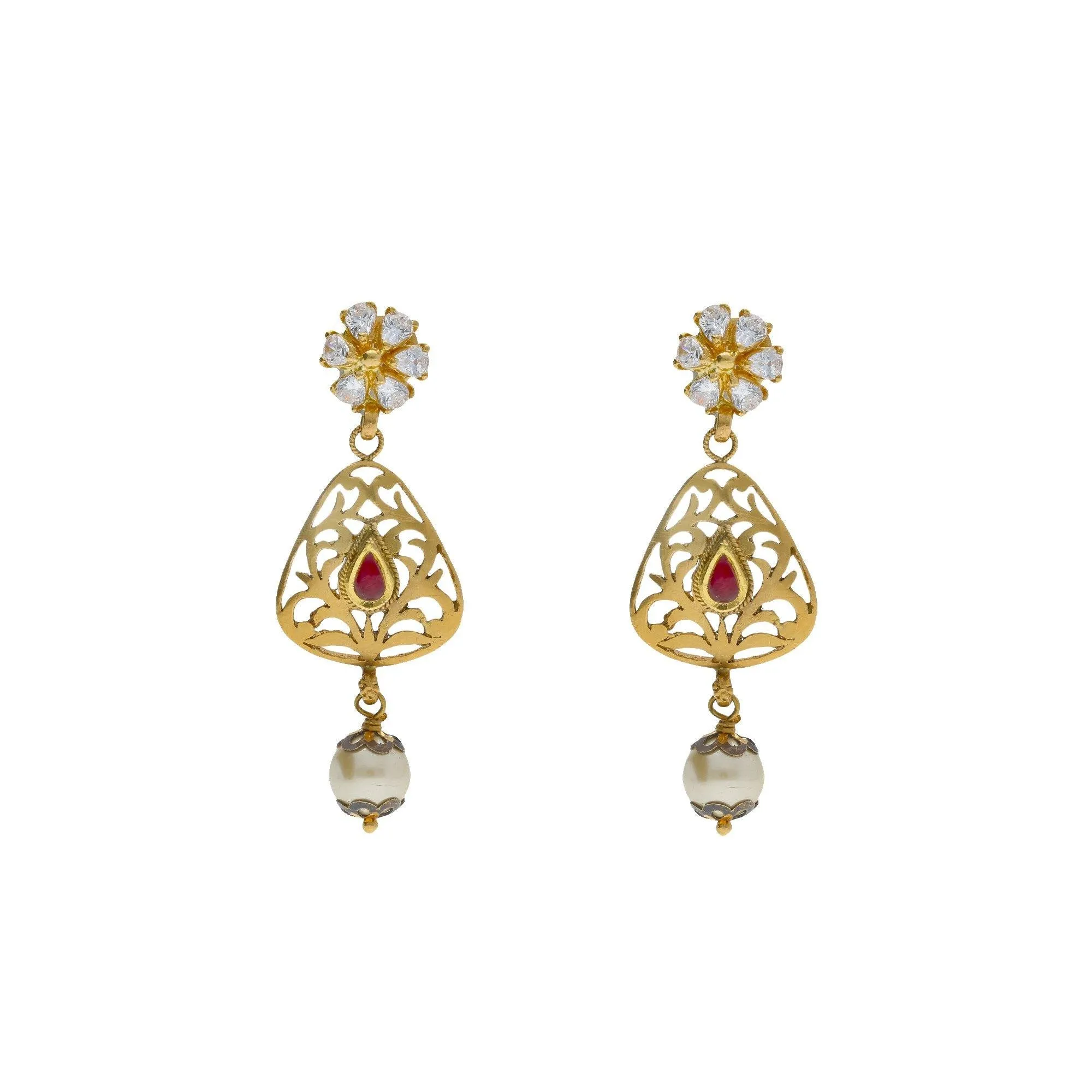 22K Yellow Antique Gold Drop Earrings W/ CZ, Rubies, Pearls & Laser Cut Design