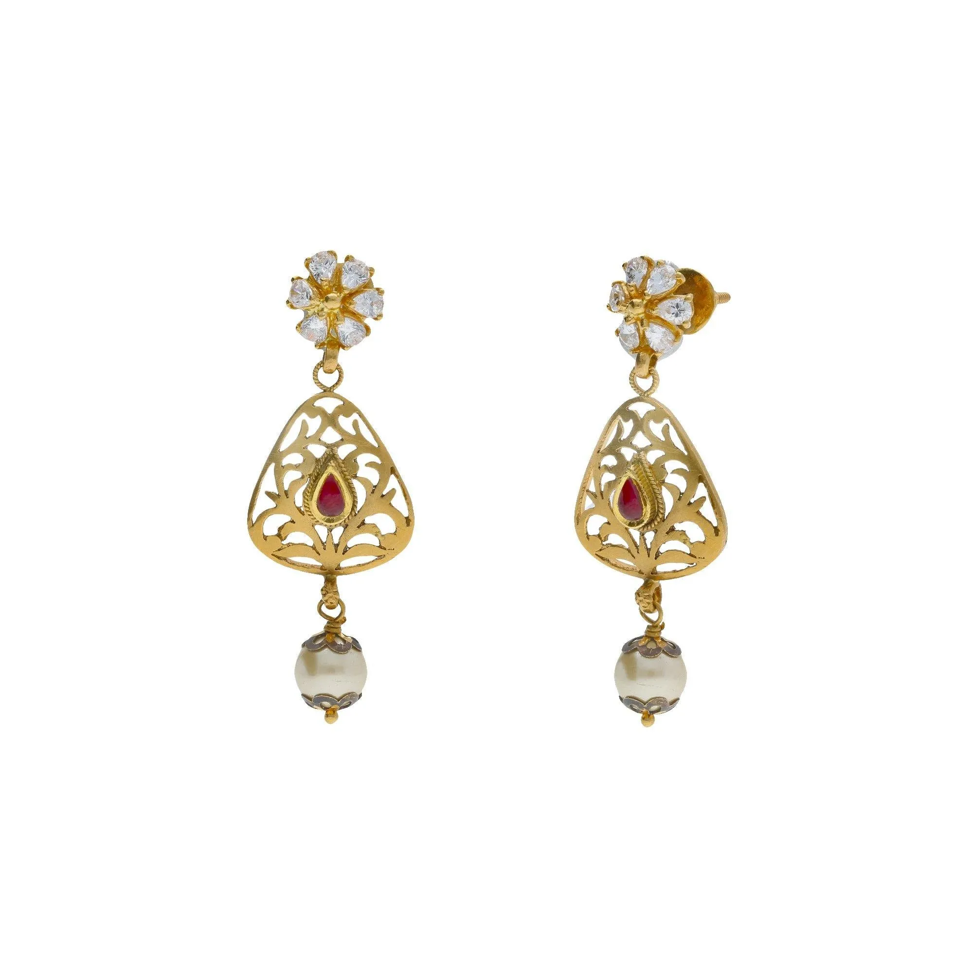 22K Yellow Antique Gold Drop Earrings W/ CZ, Rubies, Pearls & Laser Cut Design