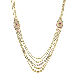 22K Yellow Gold Multi Layered Gemstone Ball Haaram Necklace W/ Rubies, Emeralds, CZ Gemstones & Double Peacock Side Pendants