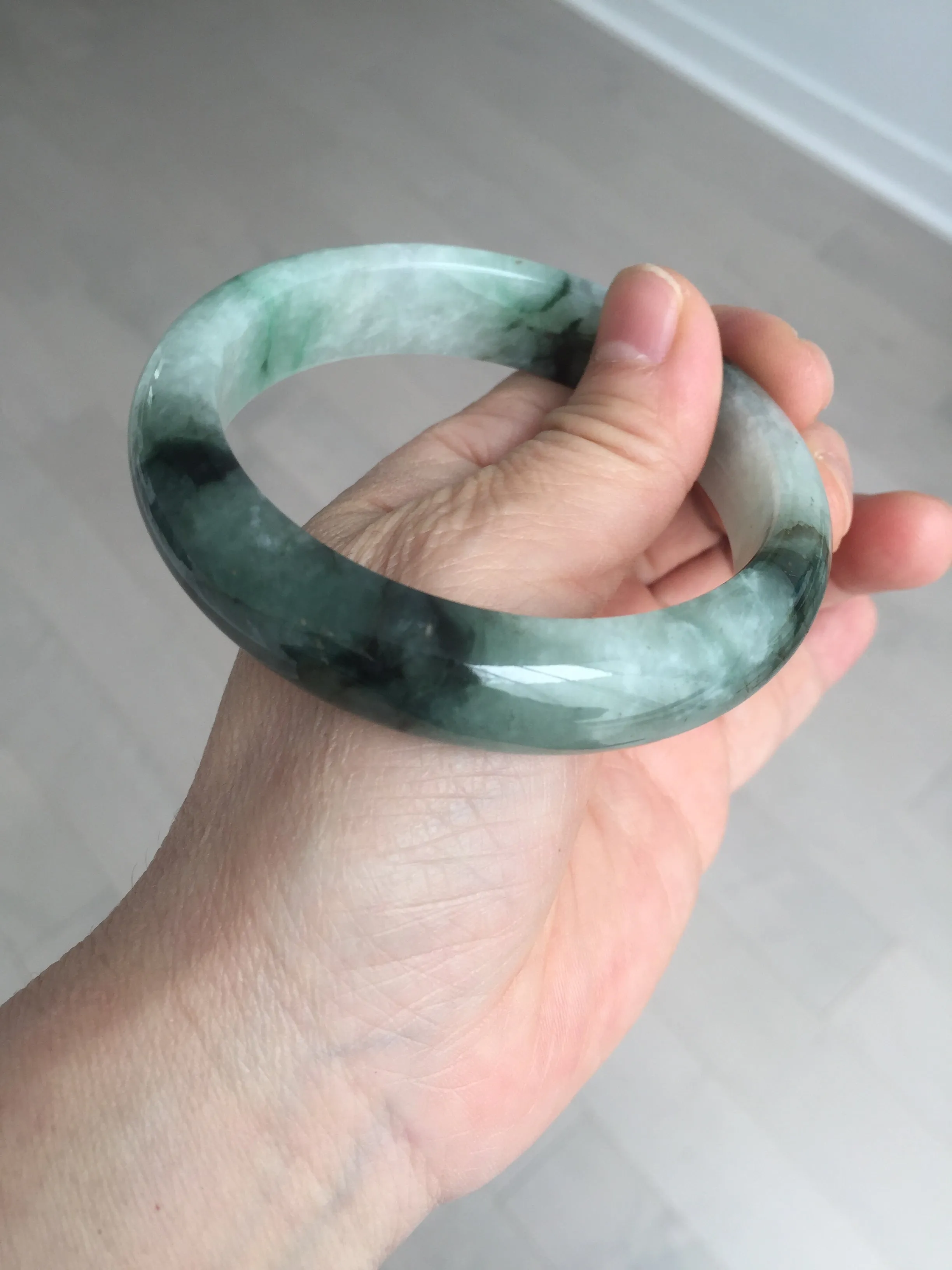 60.3mm certified type A 100% Natural green/black Jadeite Jade bangle BM42-8565