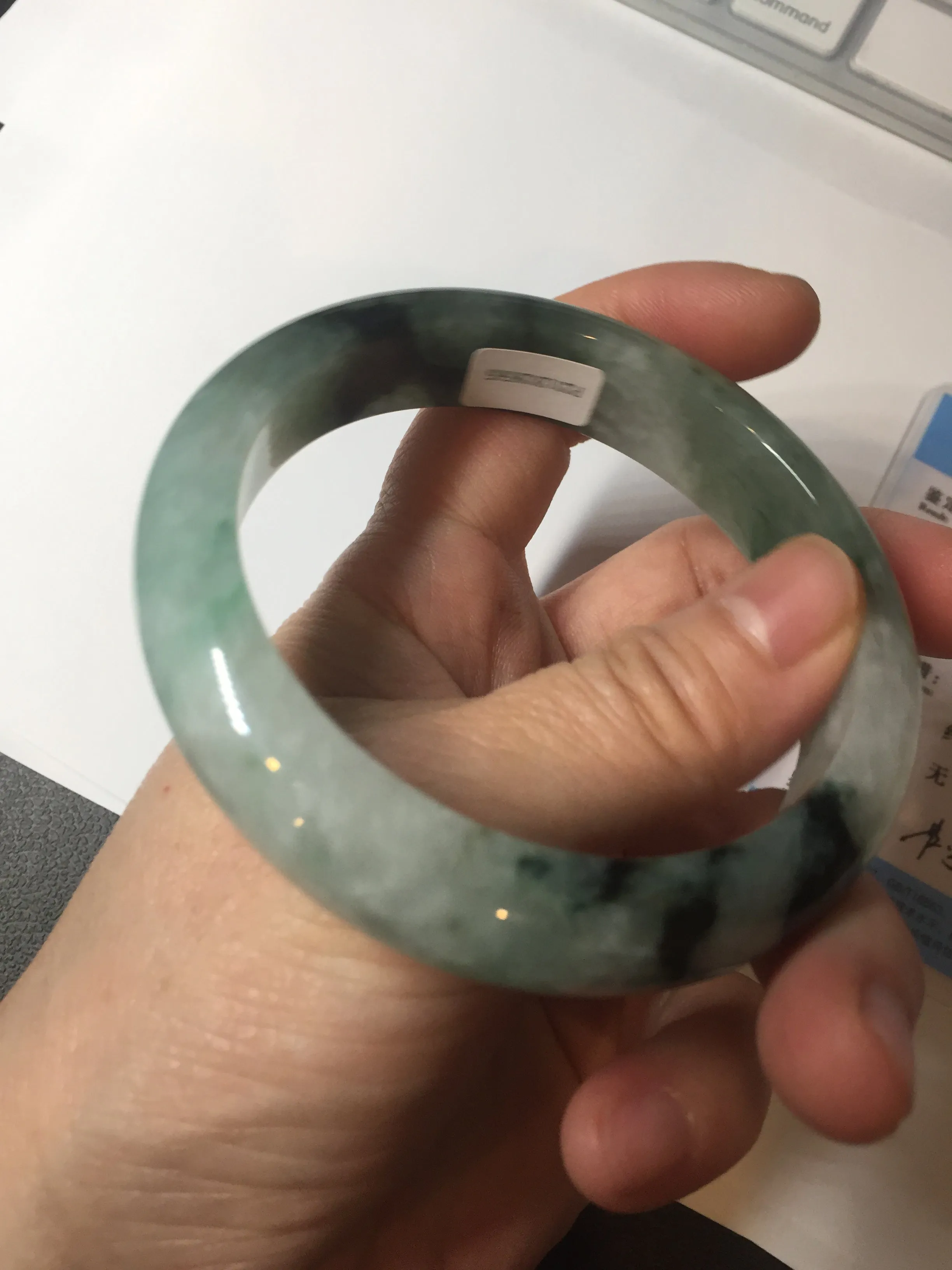 60.3mm certified type A 100% Natural green/black Jadeite Jade bangle BM42-8565