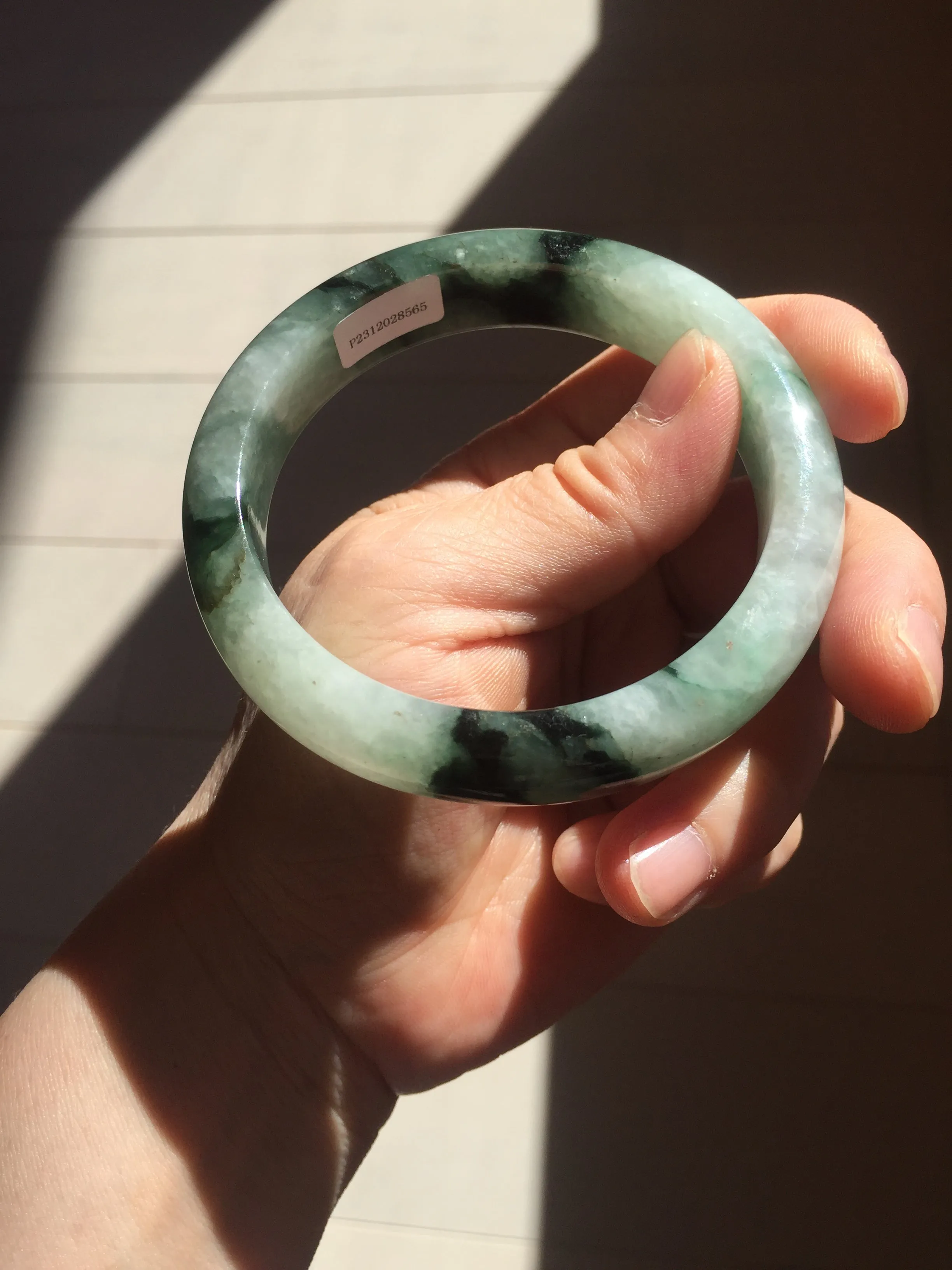 60.3mm certified type A 100% Natural green/black Jadeite Jade bangle BM42-8565