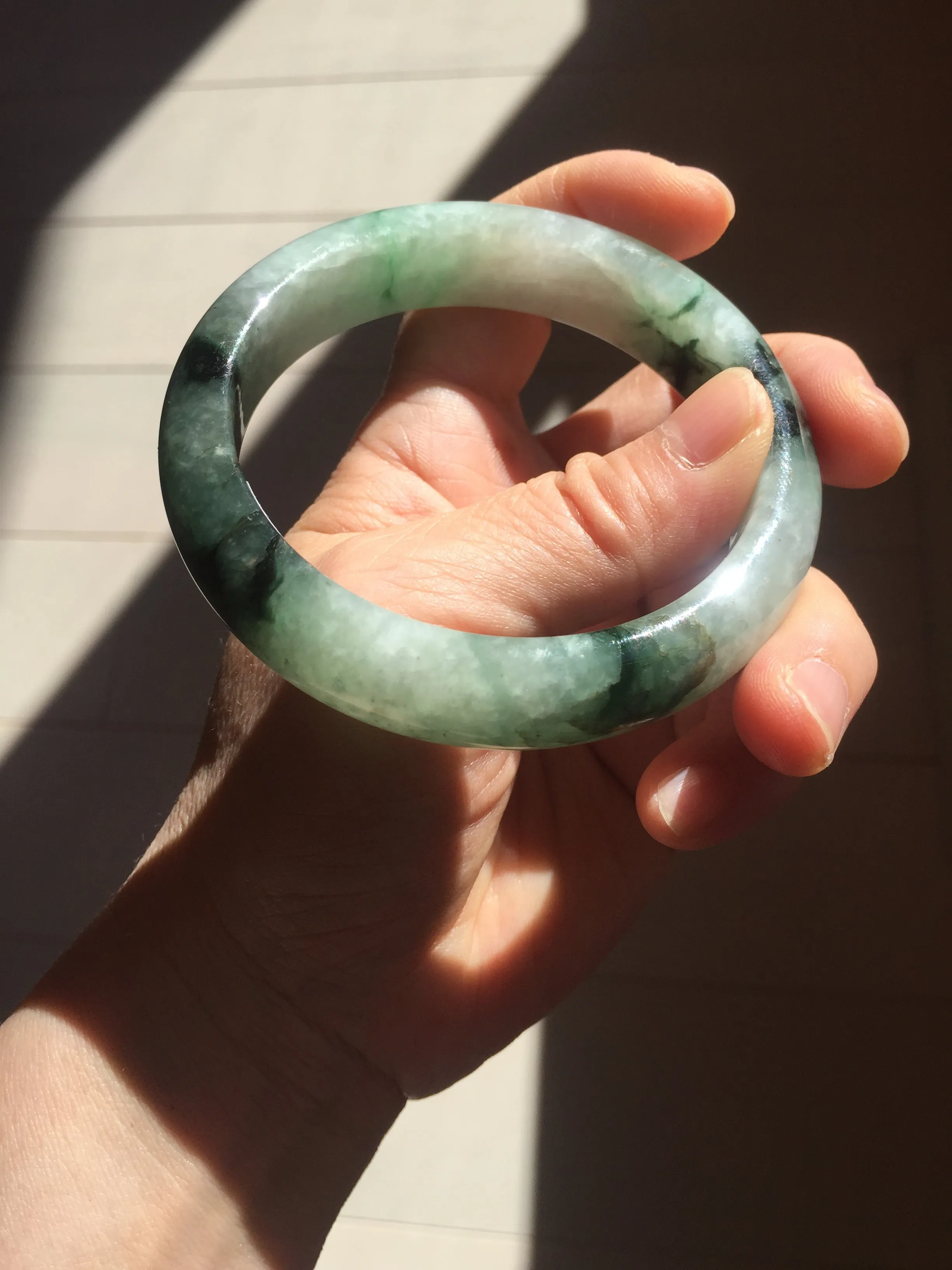 60.3mm certified type A 100% Natural green/black Jadeite Jade bangle BM42-8565