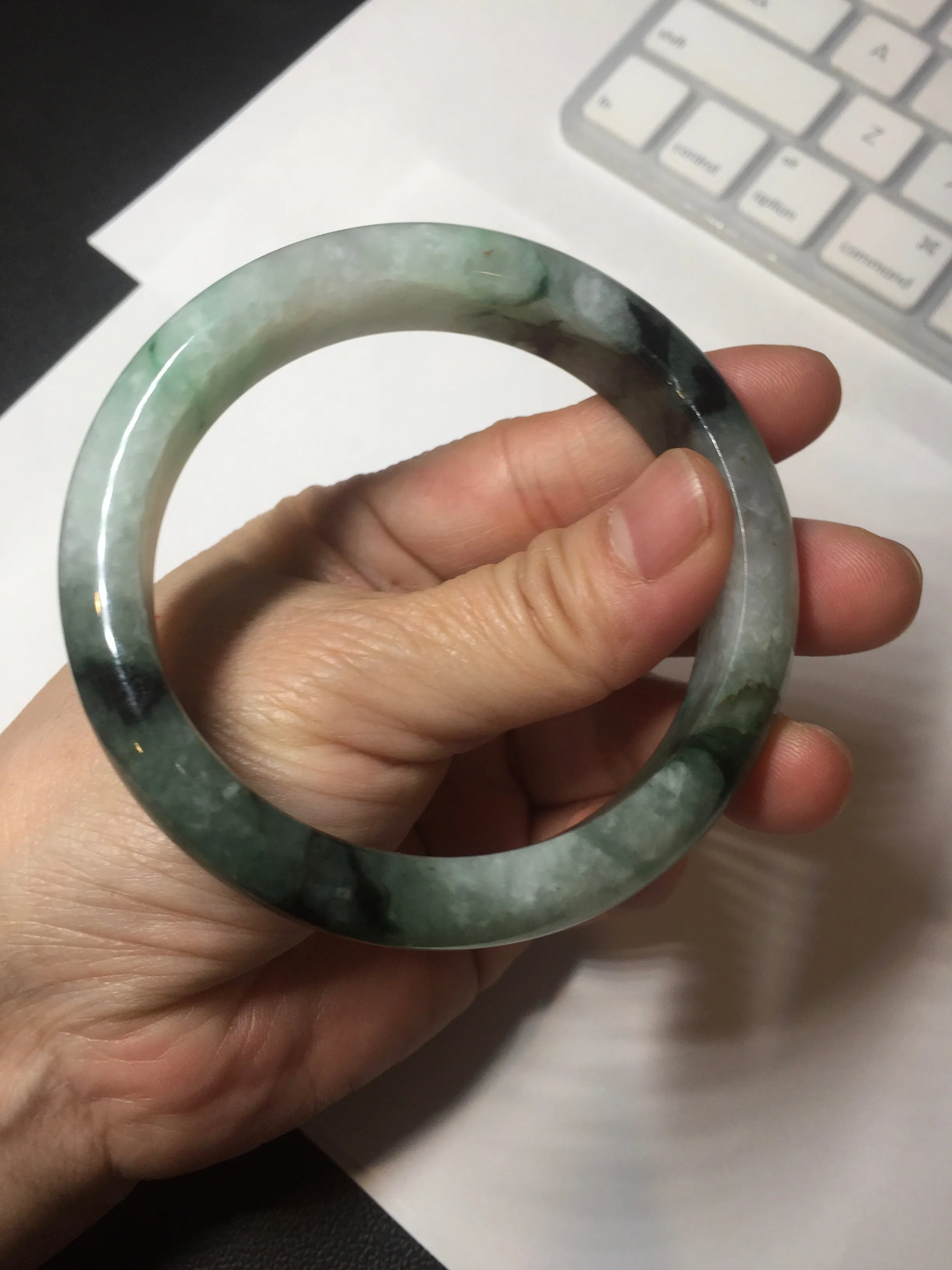 60.3mm certified type A 100% Natural green/black Jadeite Jade bangle BM42-8565