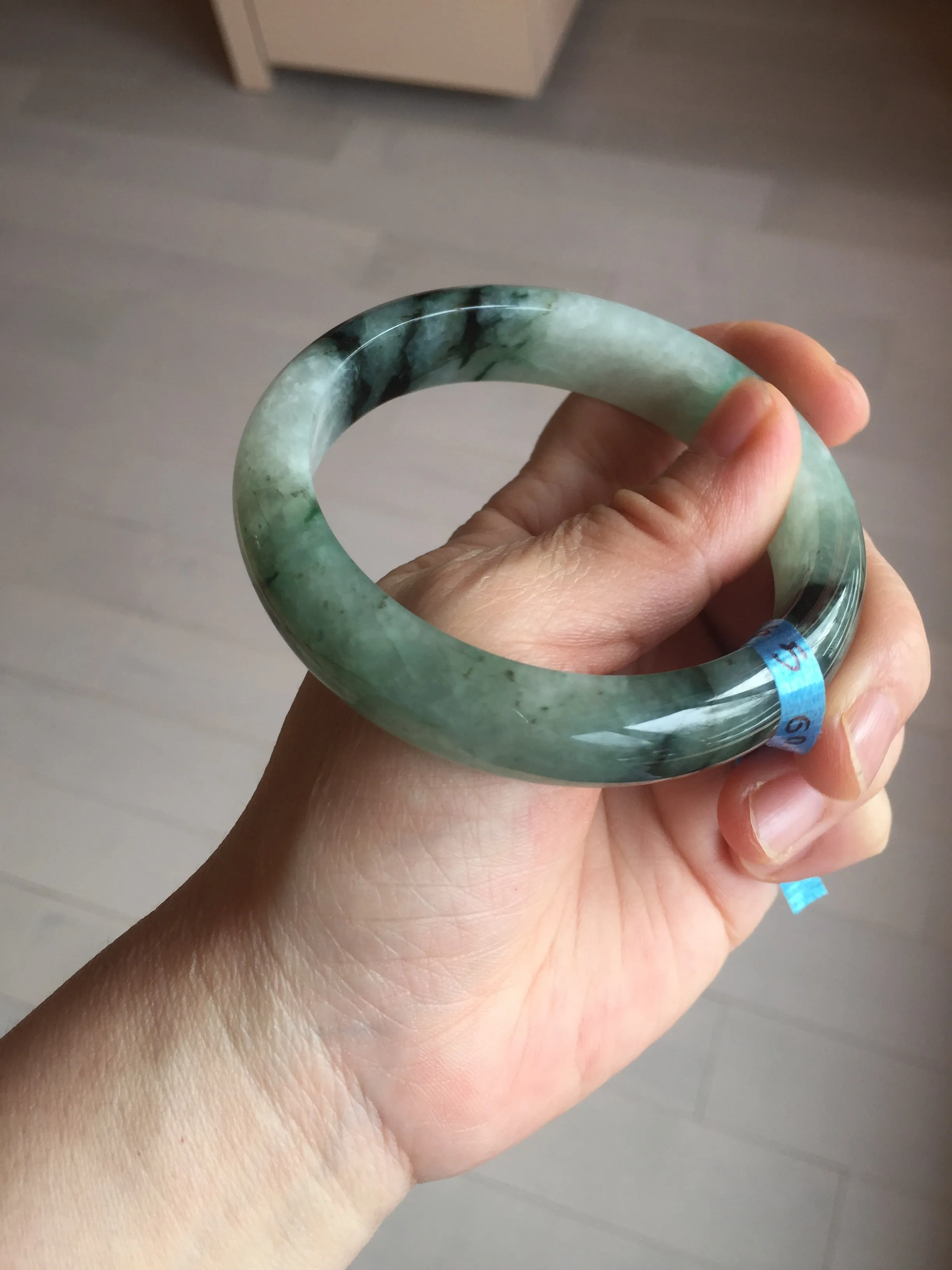 60.3mm certified type A 100% Natural green/black Jadeite Jade bangle BM42-8565