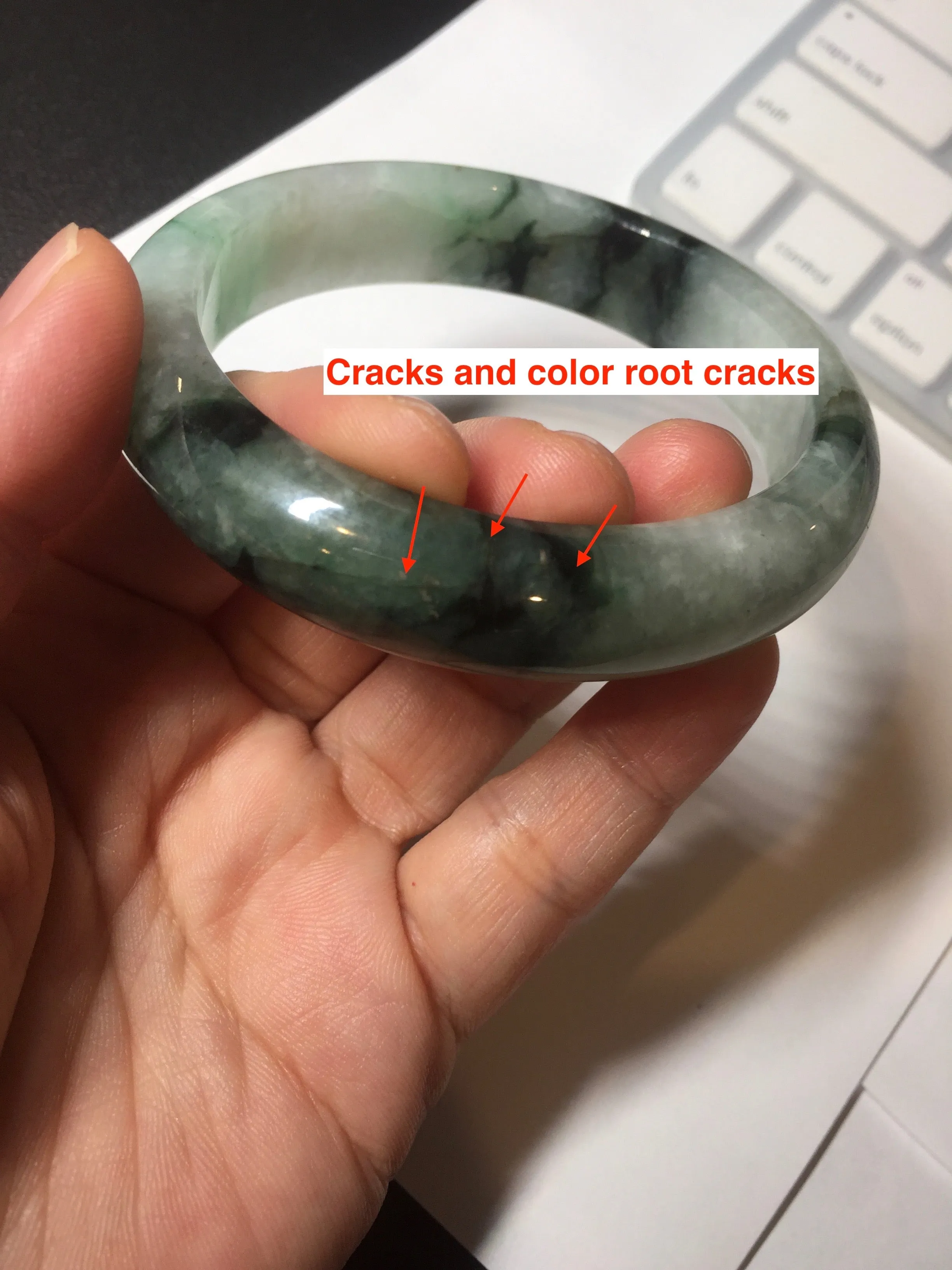 60.3mm certified type A 100% Natural green/black Jadeite Jade bangle BM42-8565