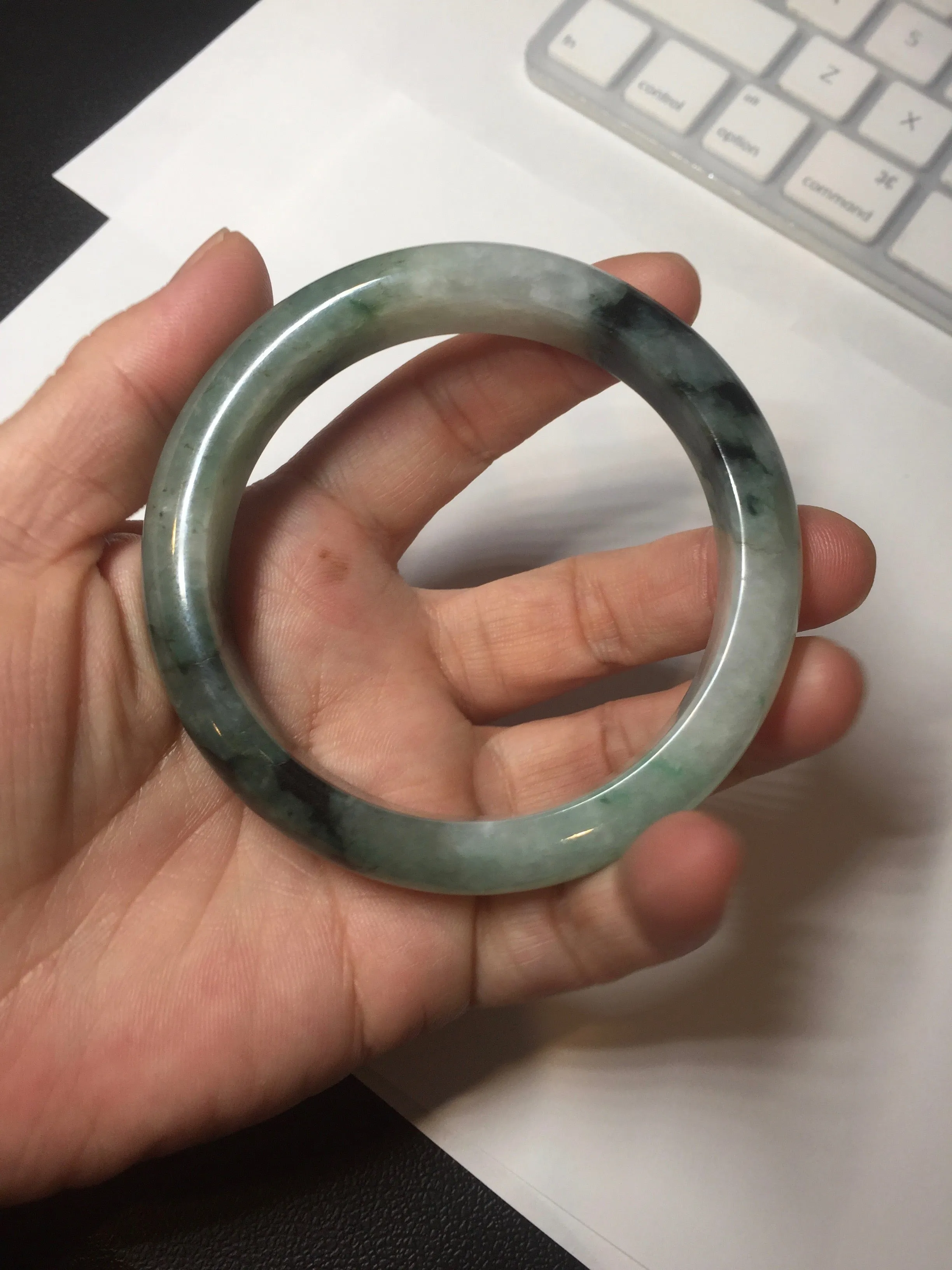 60.3mm certified type A 100% Natural green/black Jadeite Jade bangle BM42-8565