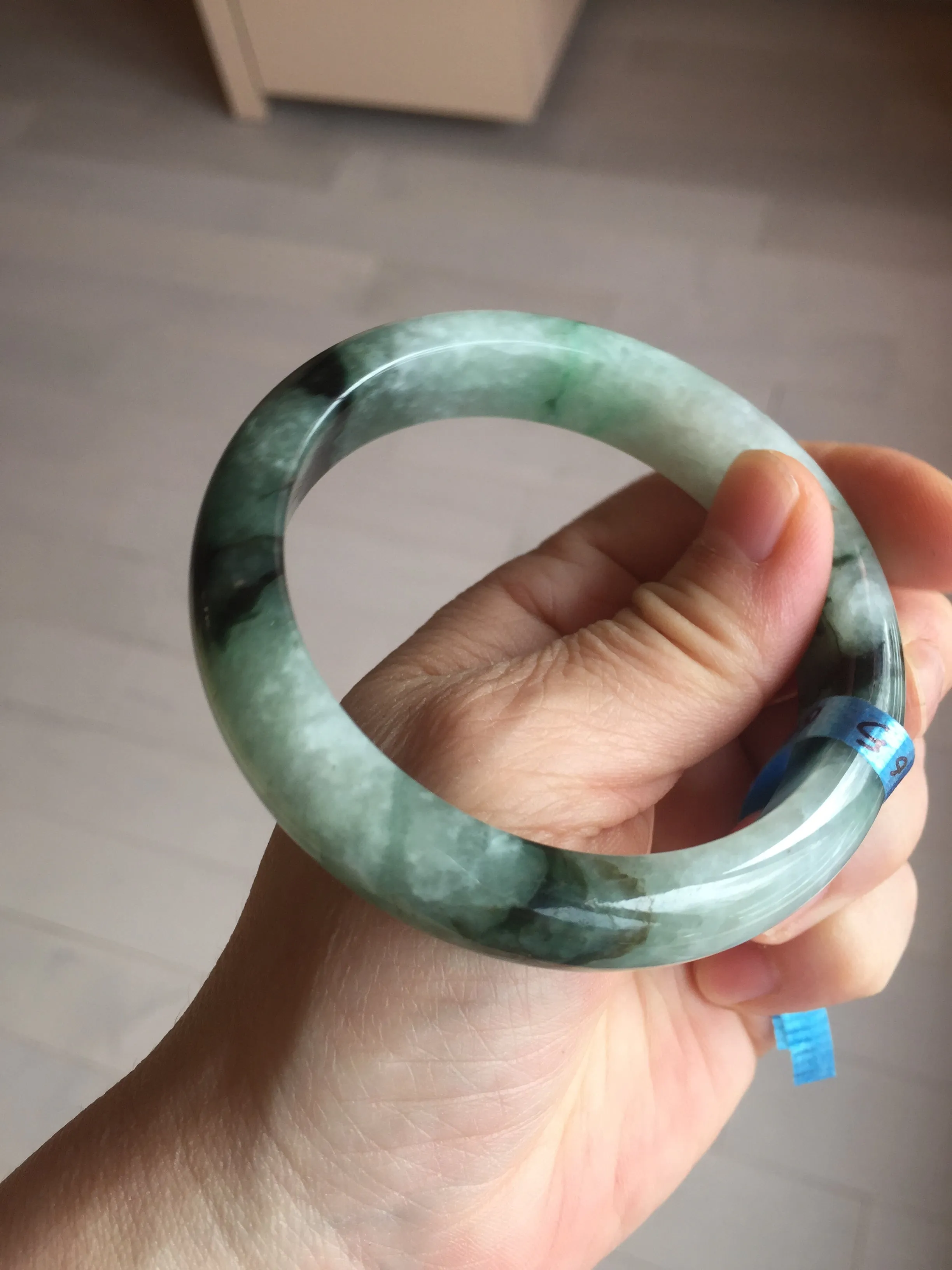 60.3mm certified type A 100% Natural green/black Jadeite Jade bangle BM42-8565