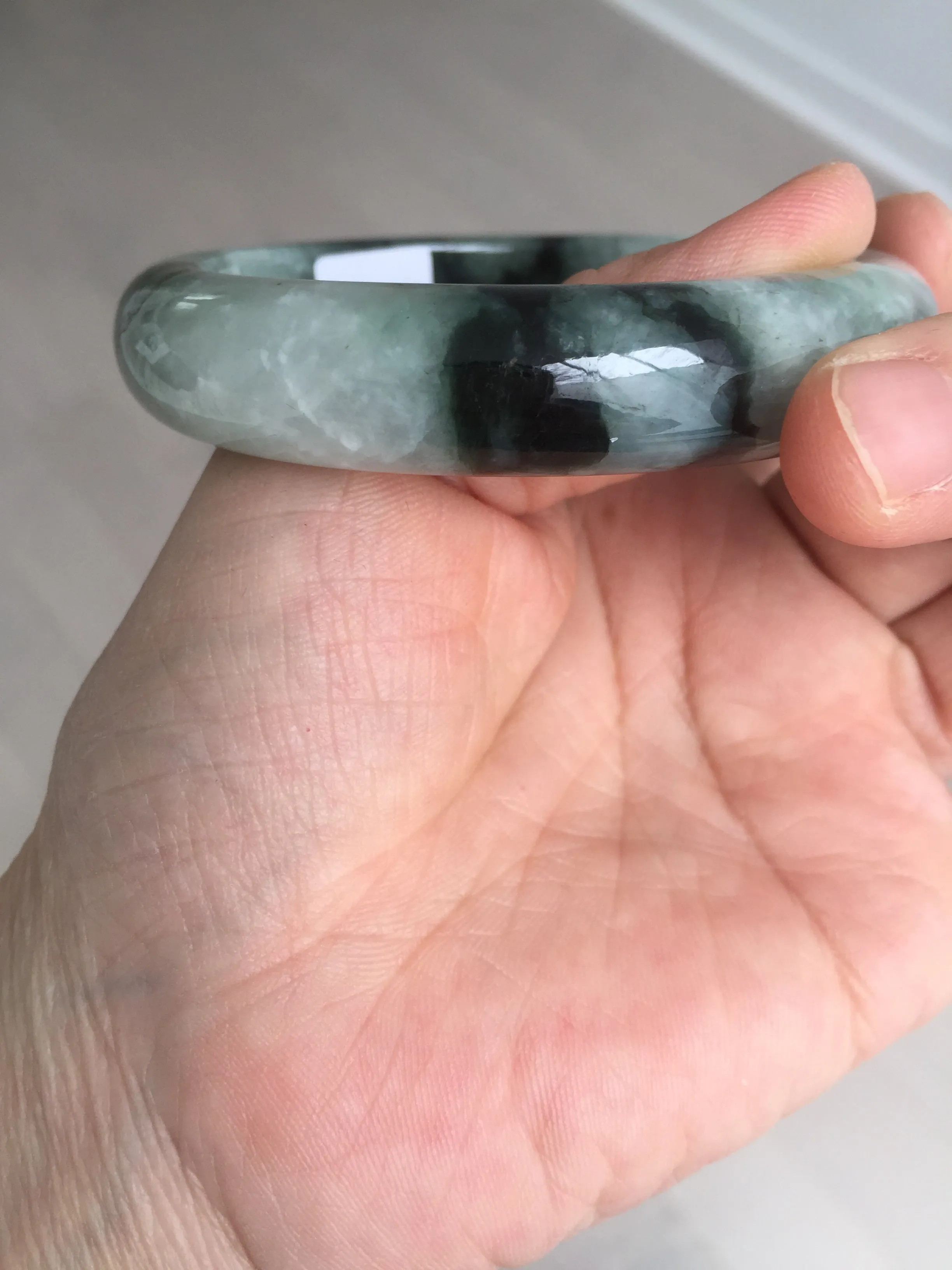 60.3mm certified type A 100% Natural green/black Jadeite Jade bangle BM42-8565