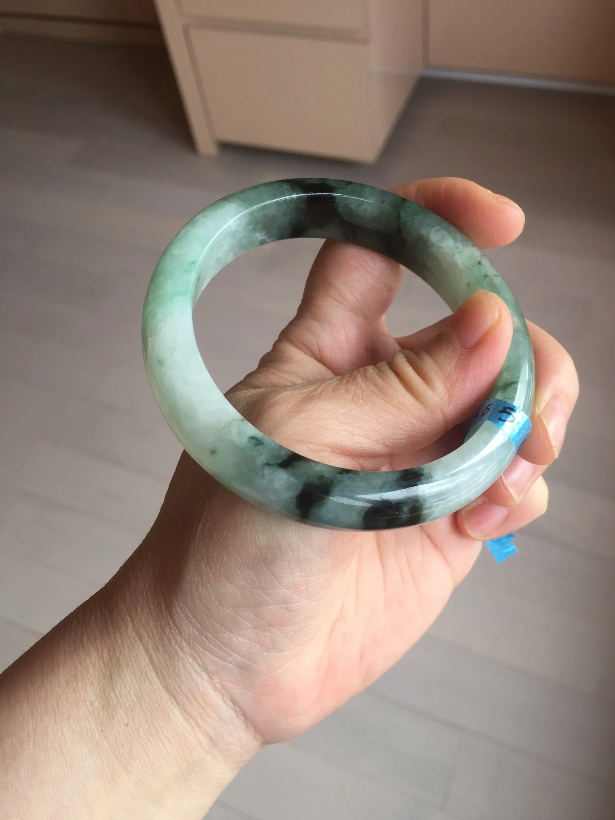 60.3mm certified type A 100% Natural green/black Jadeite Jade bangle BM42-8565