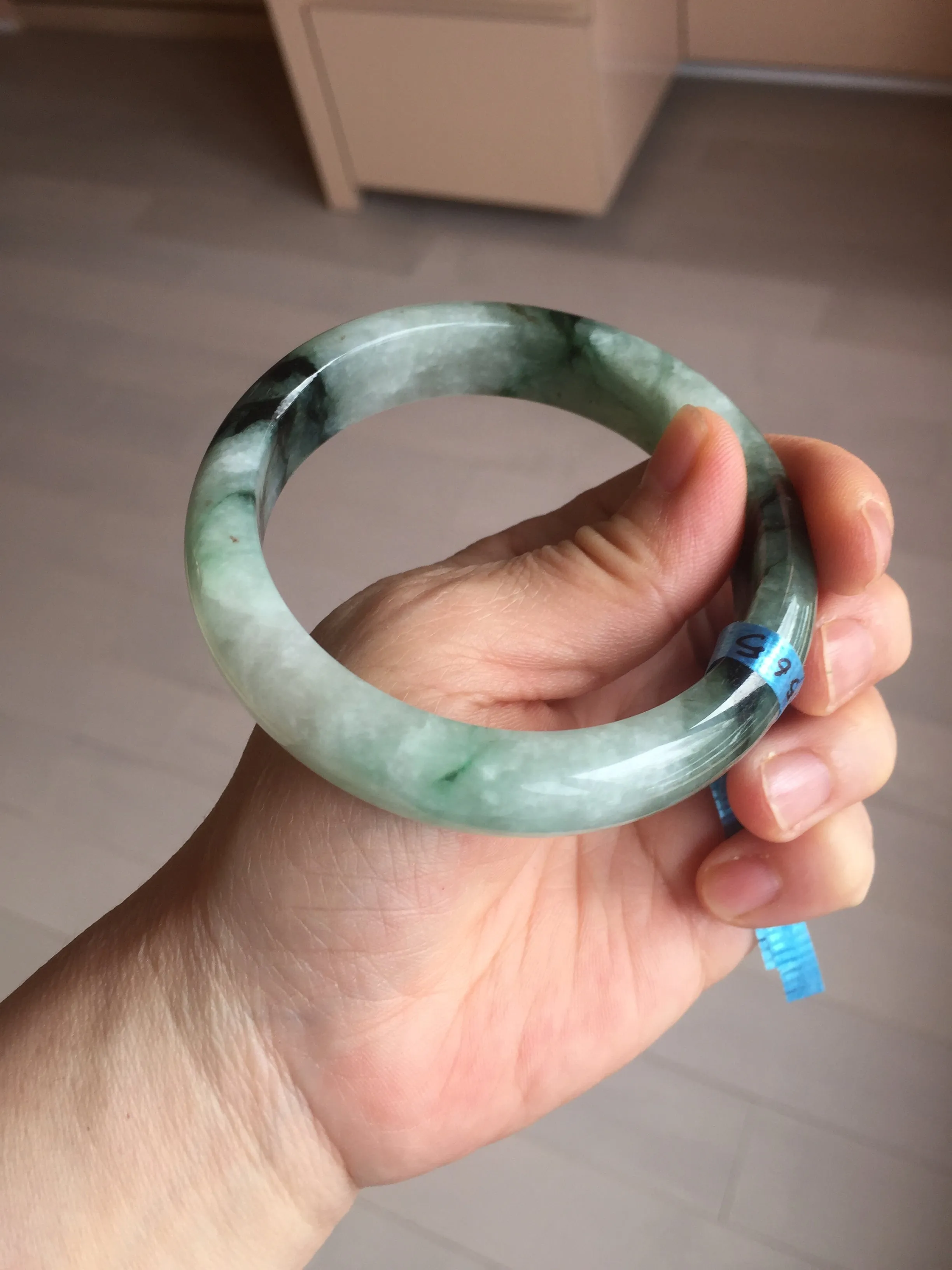 60.3mm certified type A 100% Natural green/black Jadeite Jade bangle BM42-8565