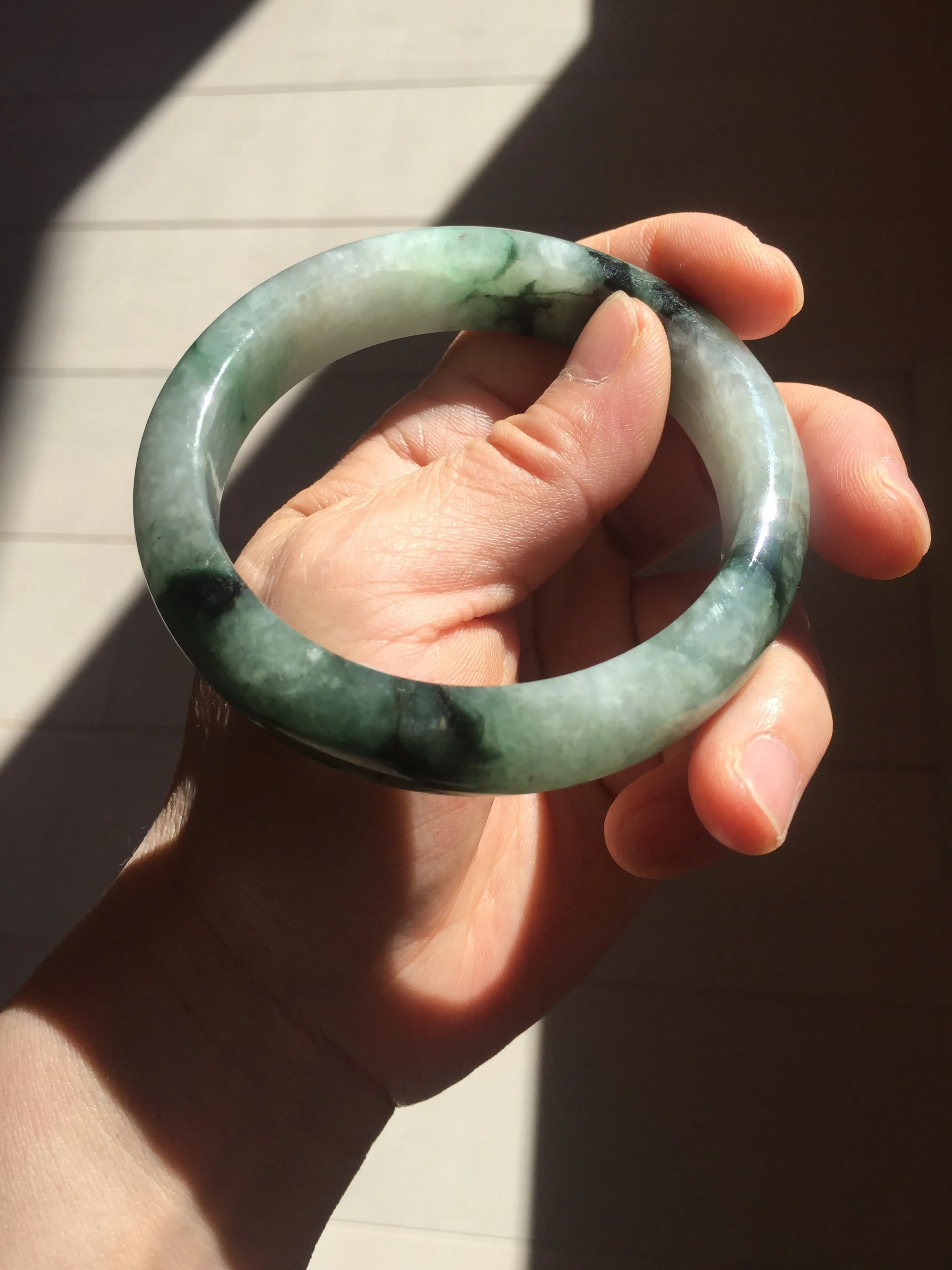 60.3mm certified type A 100% Natural green/black Jadeite Jade bangle BM42-8565