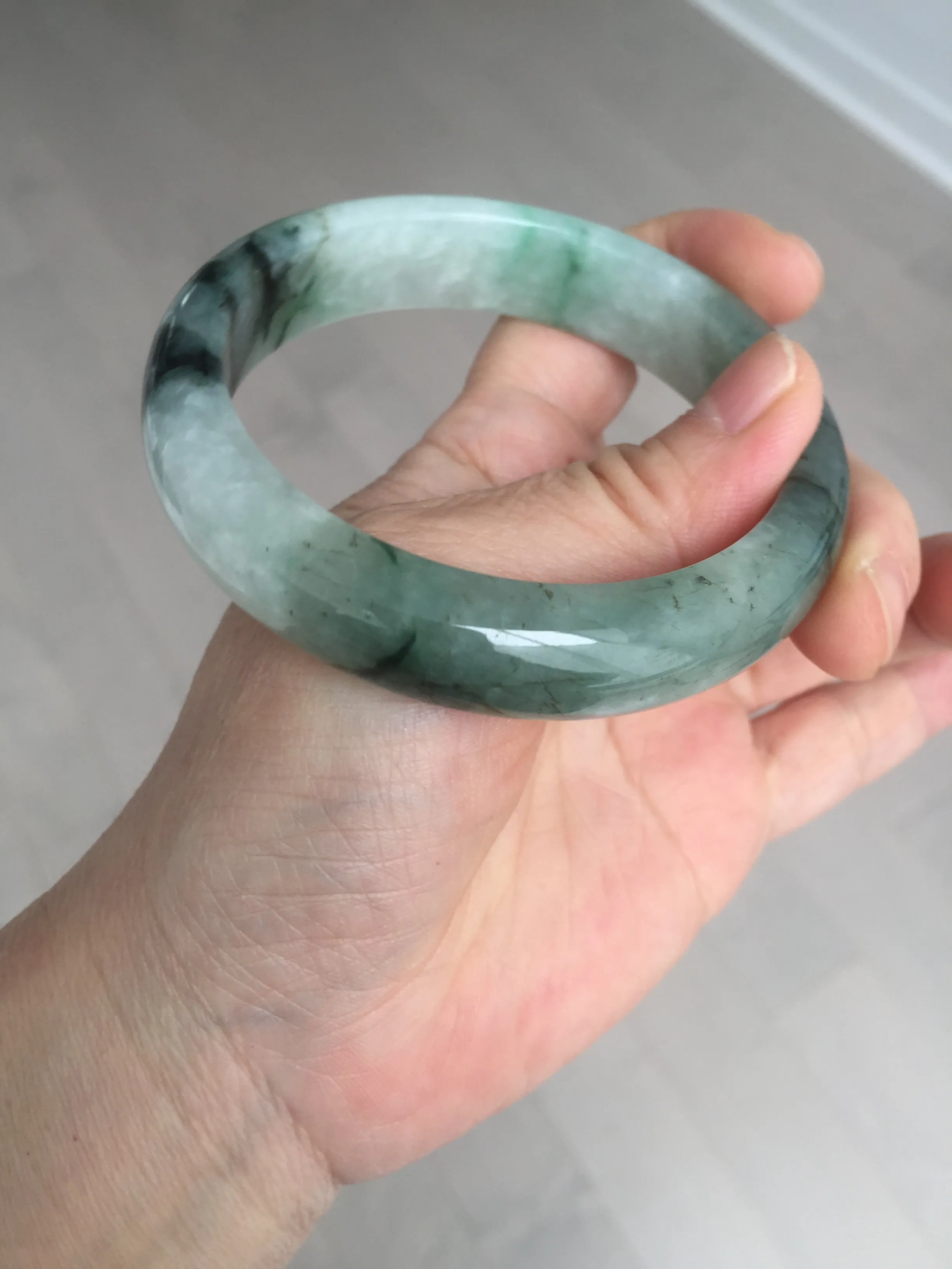 60.3mm certified type A 100% Natural green/black Jadeite Jade bangle BM42-8565