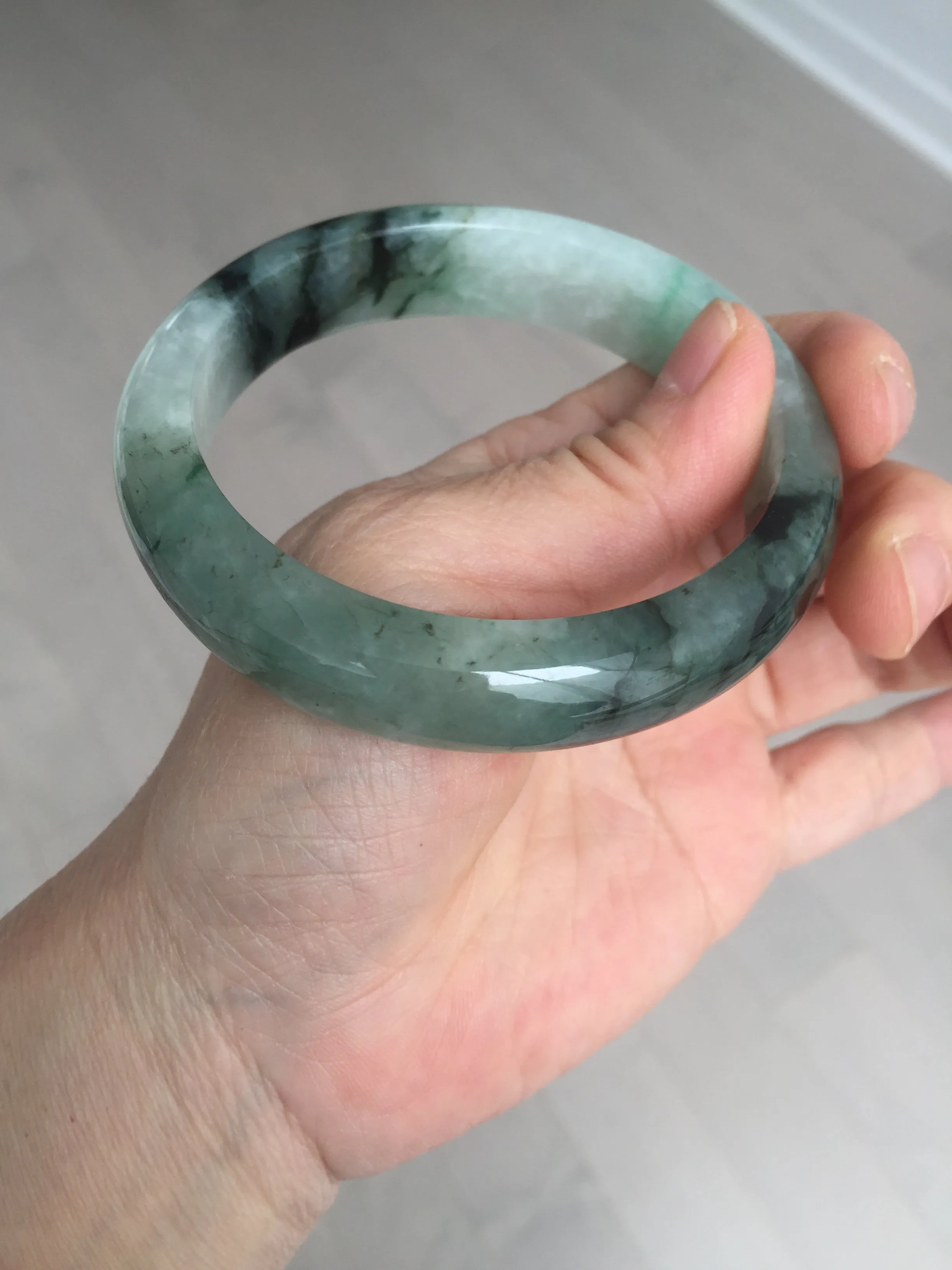 60.3mm certified type A 100% Natural green/black Jadeite Jade bangle BM42-8565