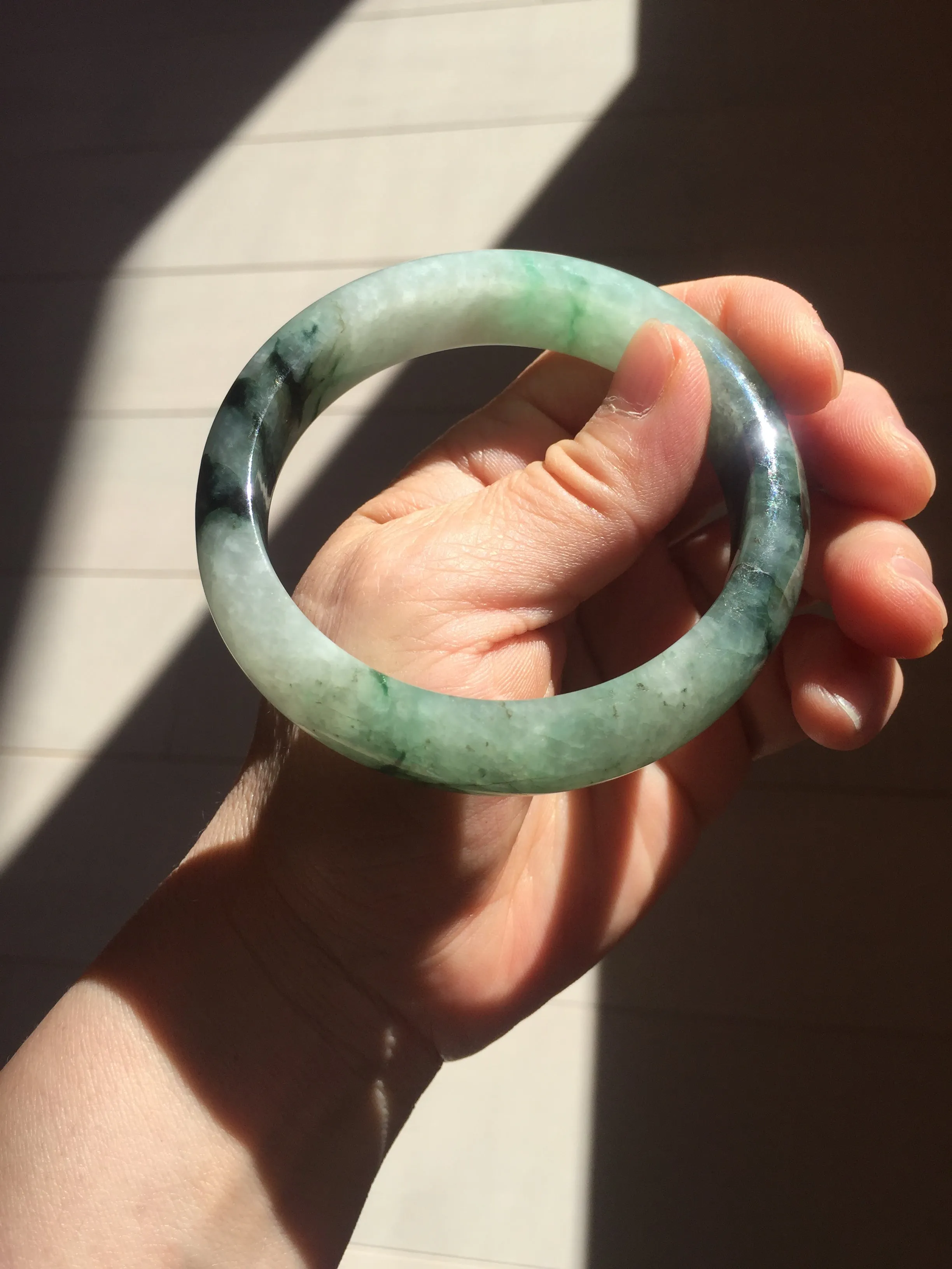 60.3mm certified type A 100% Natural green/black Jadeite Jade bangle BM42-8565