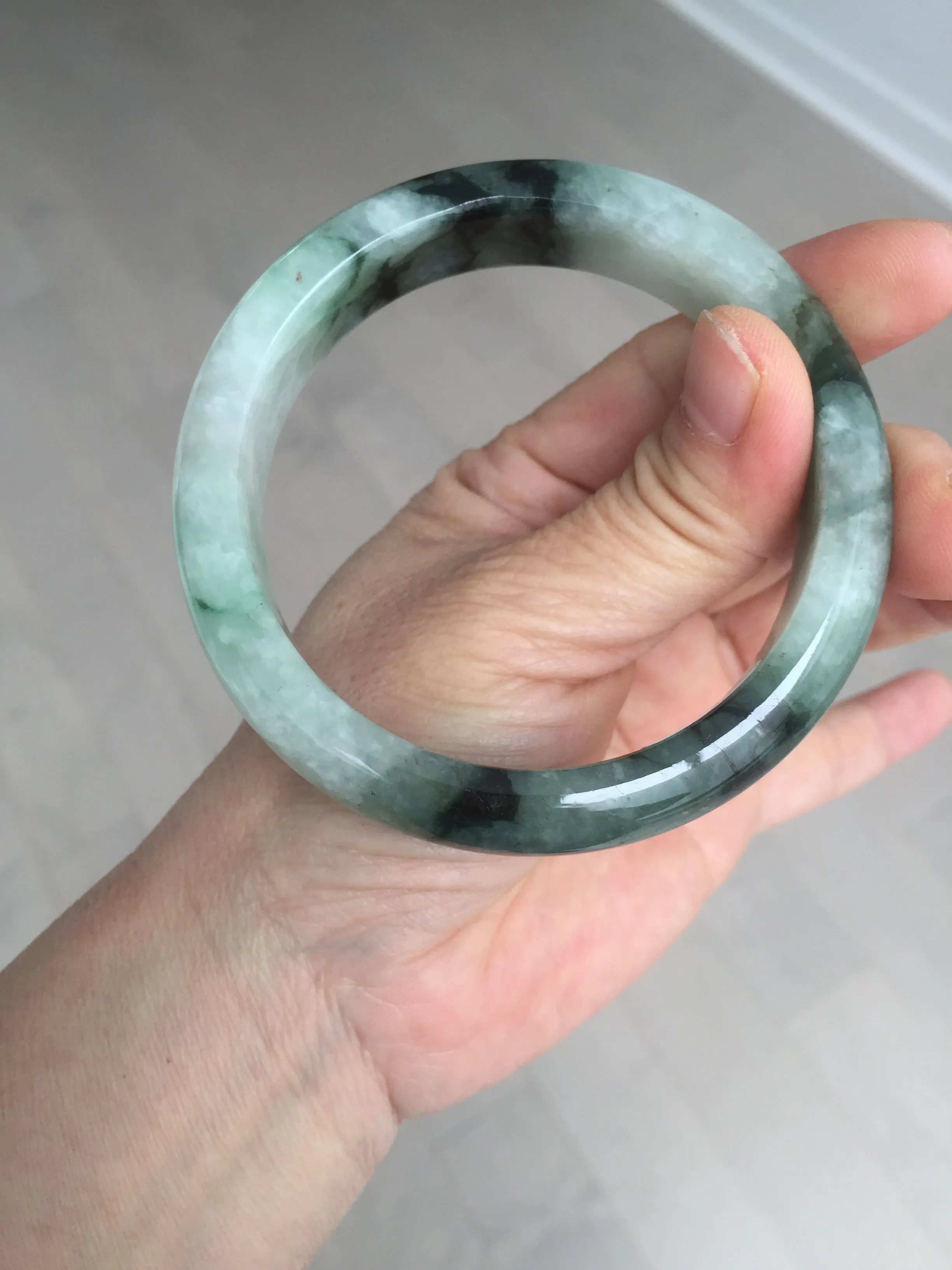 60.3mm certified type A 100% Natural green/black Jadeite Jade bangle BM42-8565