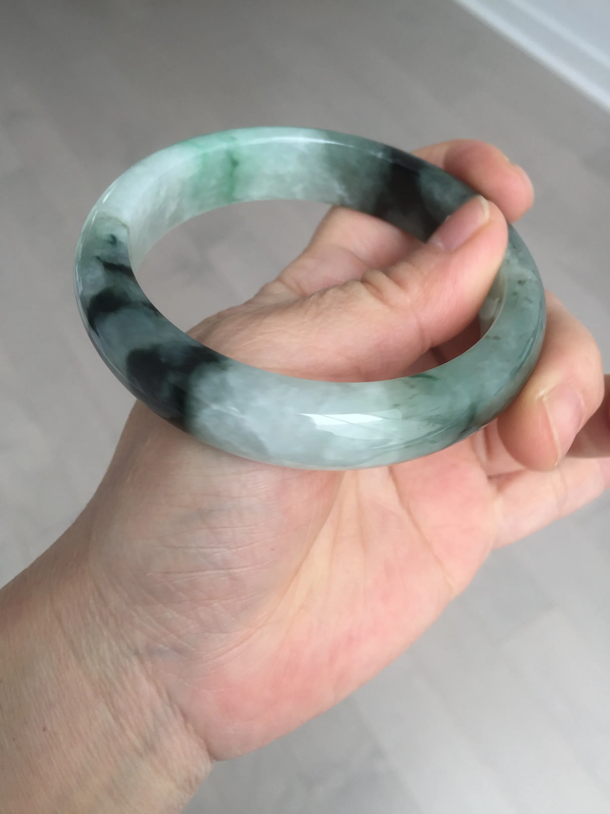 60.3mm certified type A 100% Natural green/black Jadeite Jade bangle BM42-8565