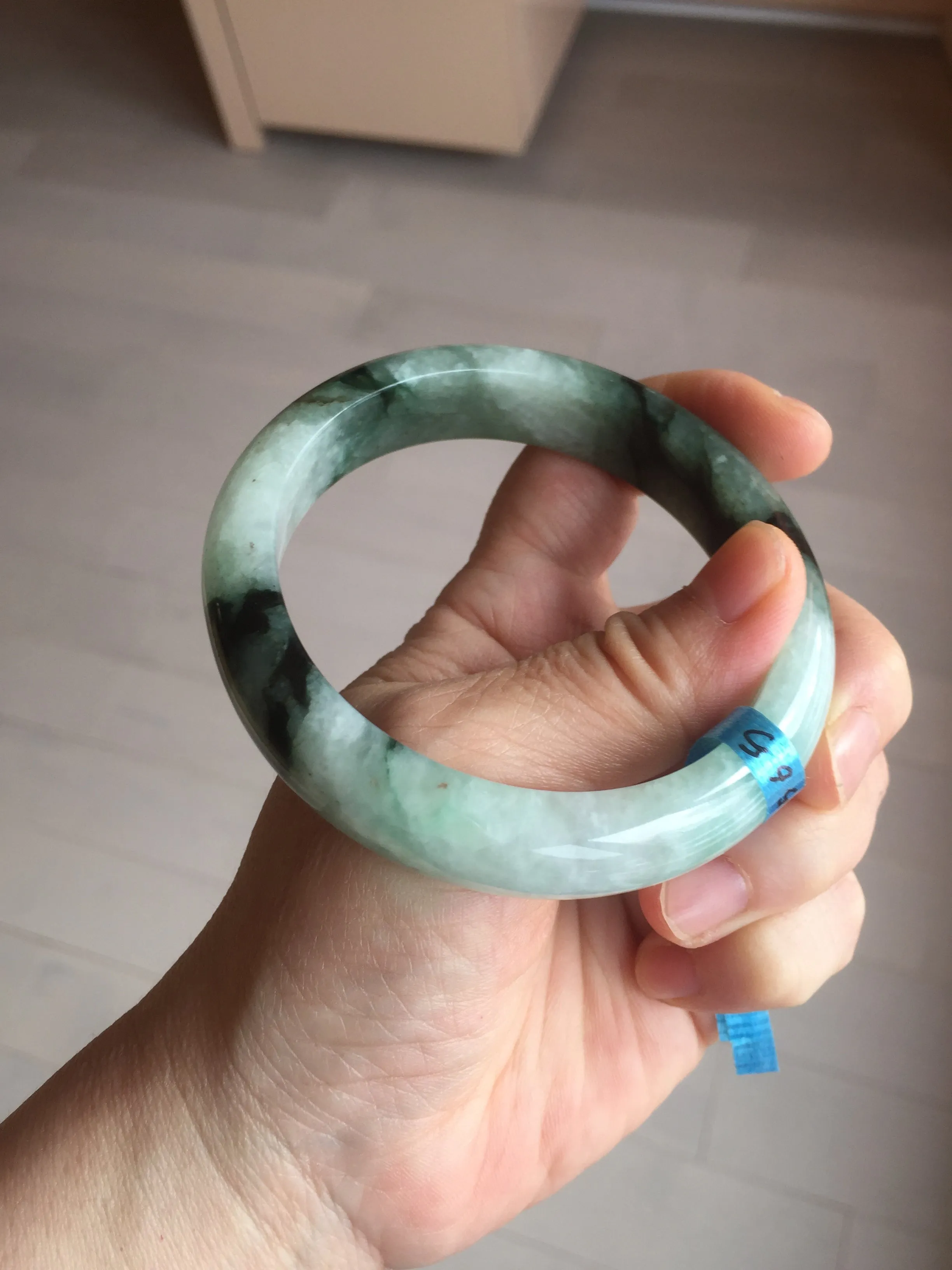 60.3mm certified type A 100% Natural green/black Jadeite Jade bangle BM42-8565